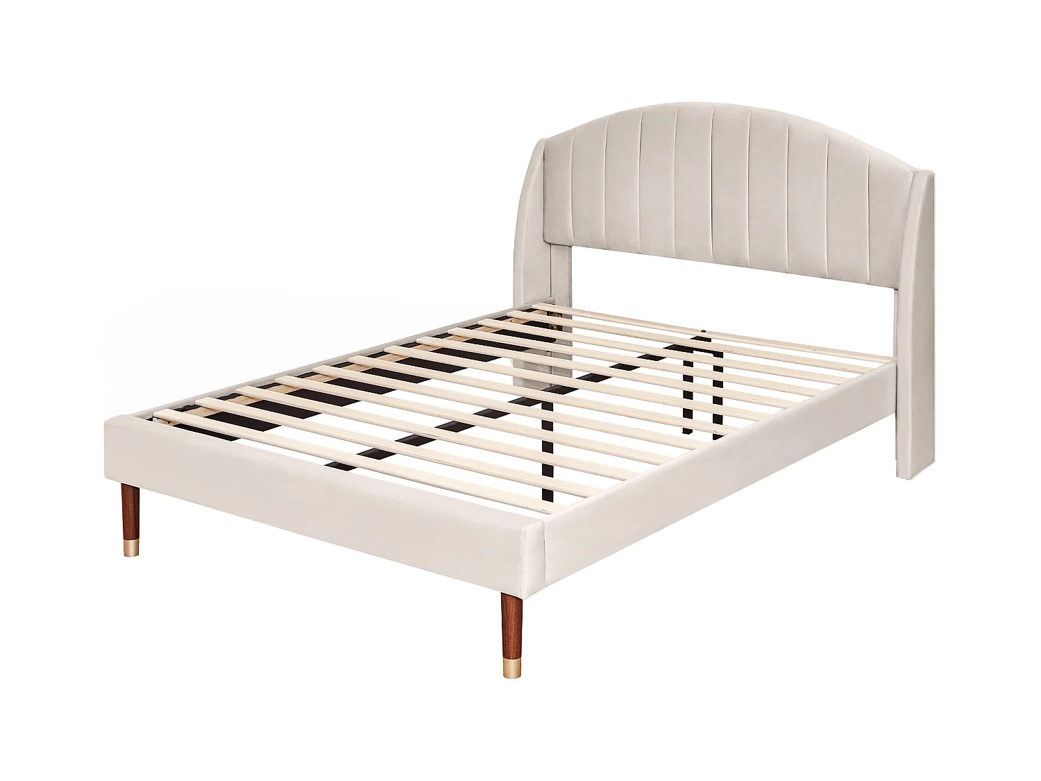 Lit adulte 140x190 cm en velours beige avec tête de lit, sommier à lattes en bois(sans matelas)