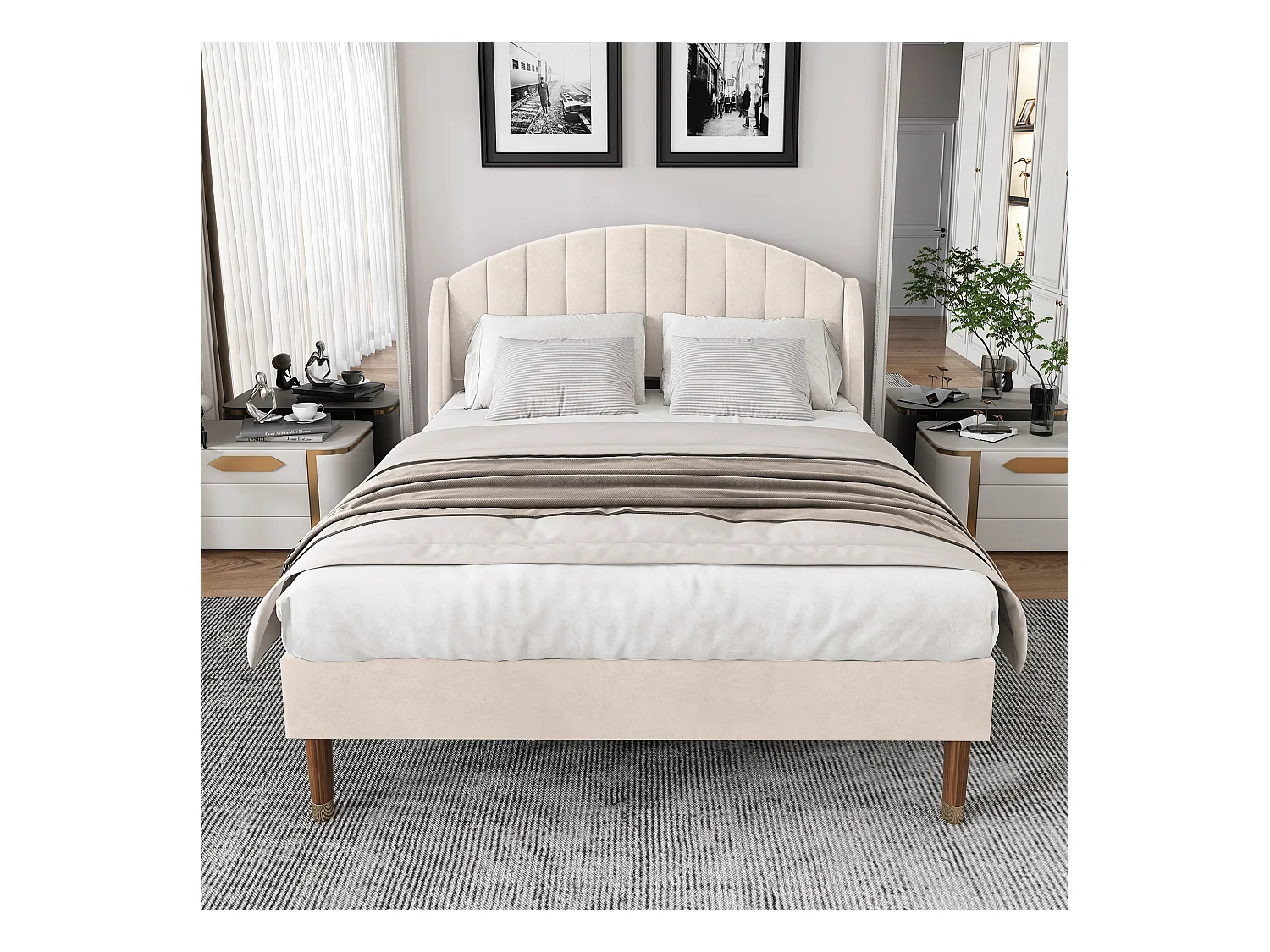 Lit adulte 140x190 cm en velours beige avec tête de lit, sommier à lattes en bois(sans matelas)