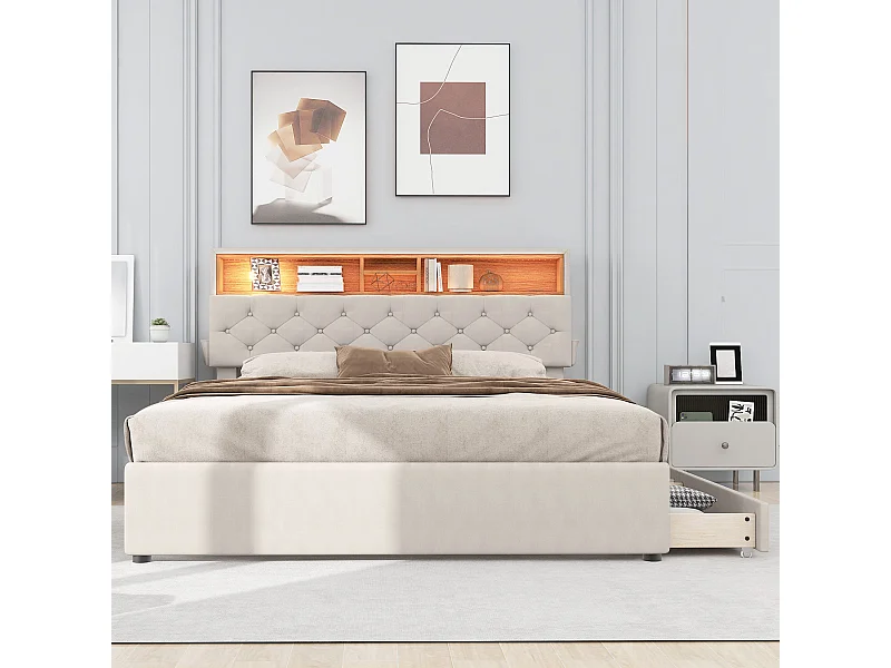 Lit adulte 140x200 cm en lin beige - avec tête de lit réglable, USB, LED et 2 tiroirs (sans matelas)