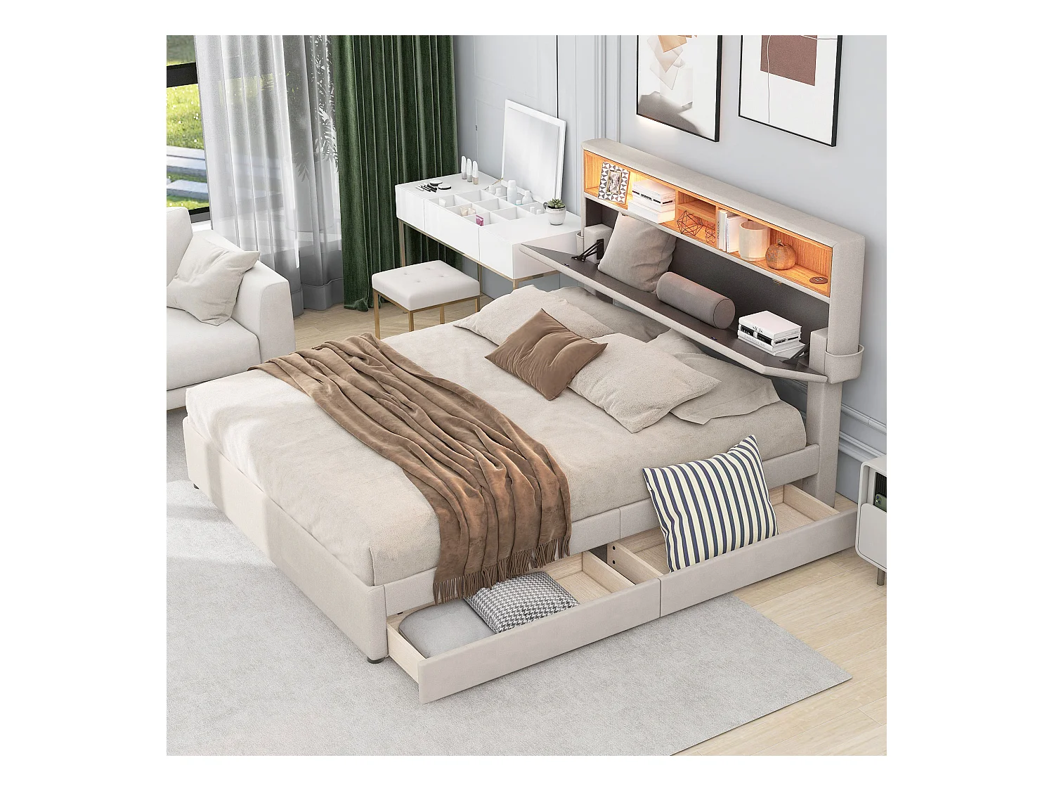 Lit adulte 140x200 cm en lin beige - avec tête de lit réglable, USB, LED et 2 tiroirs (sans matelas)