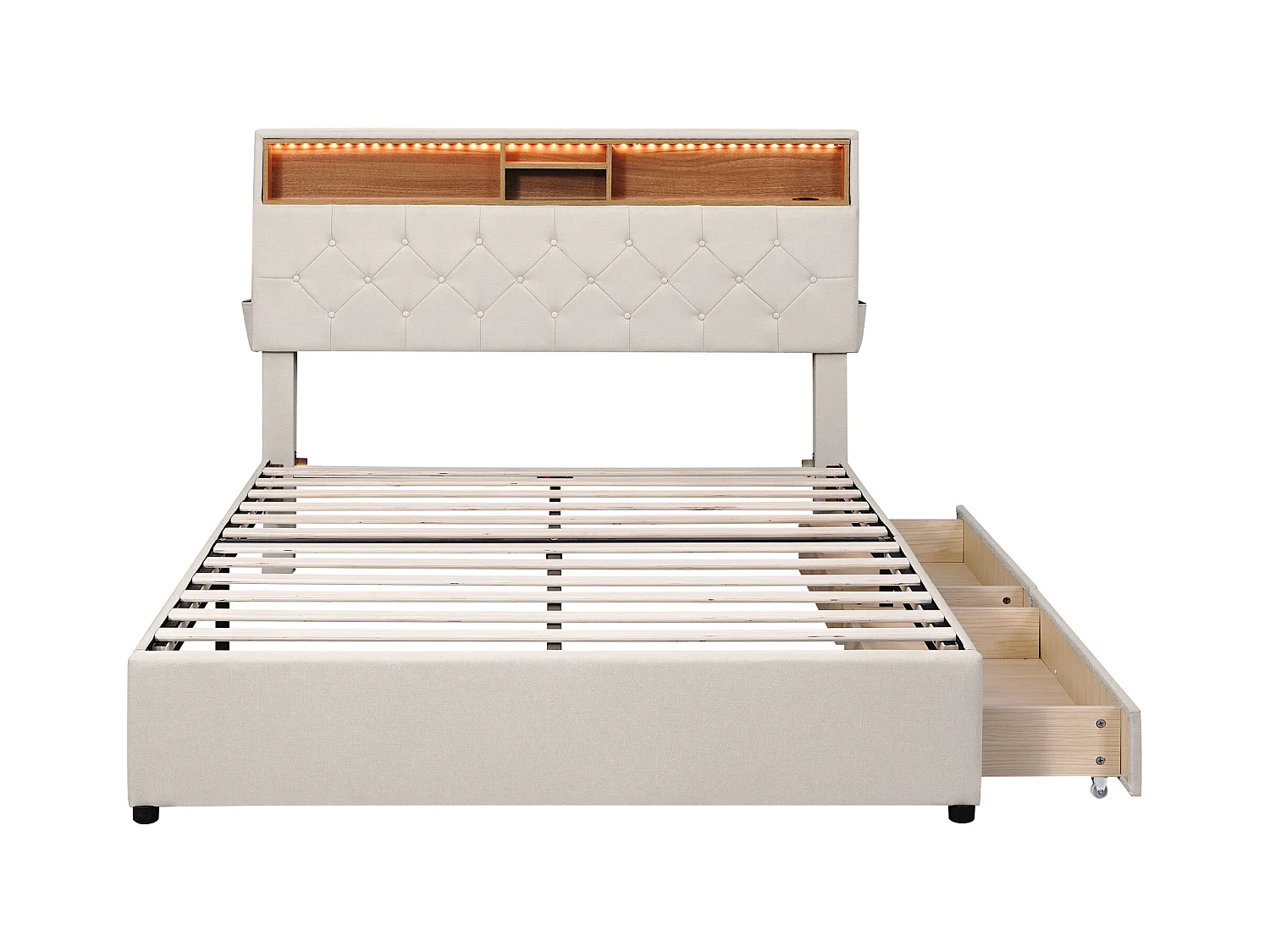 Lit adulte 140x200 cm en lin beige - avec tête de lit réglable, USB, LED et 2 tiroirs (sans matelas)