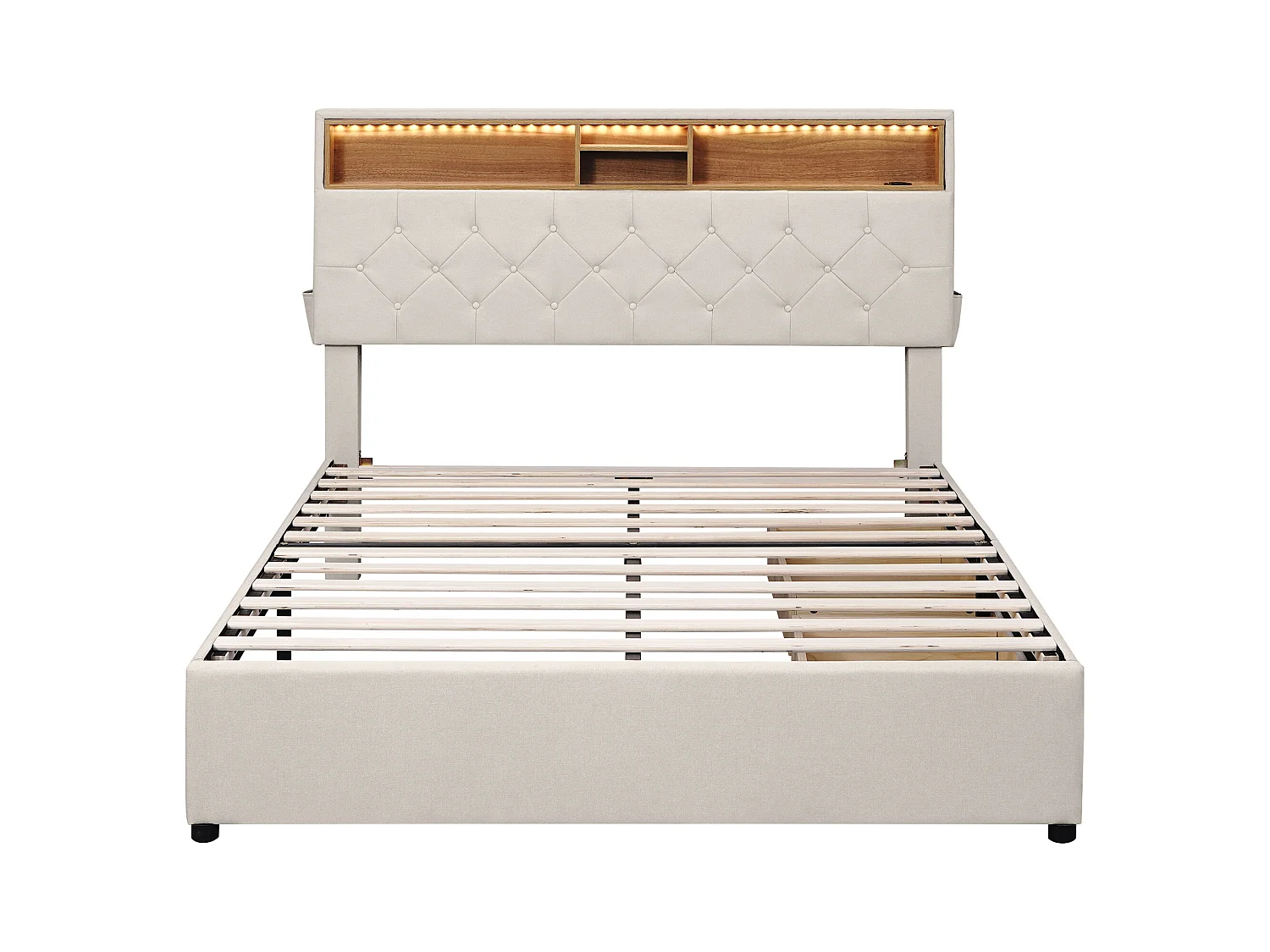 Lit adulte 140x200 cm en lin beige - avec tête de lit réglable, USB, LED et 2 tiroirs (sans matelas)