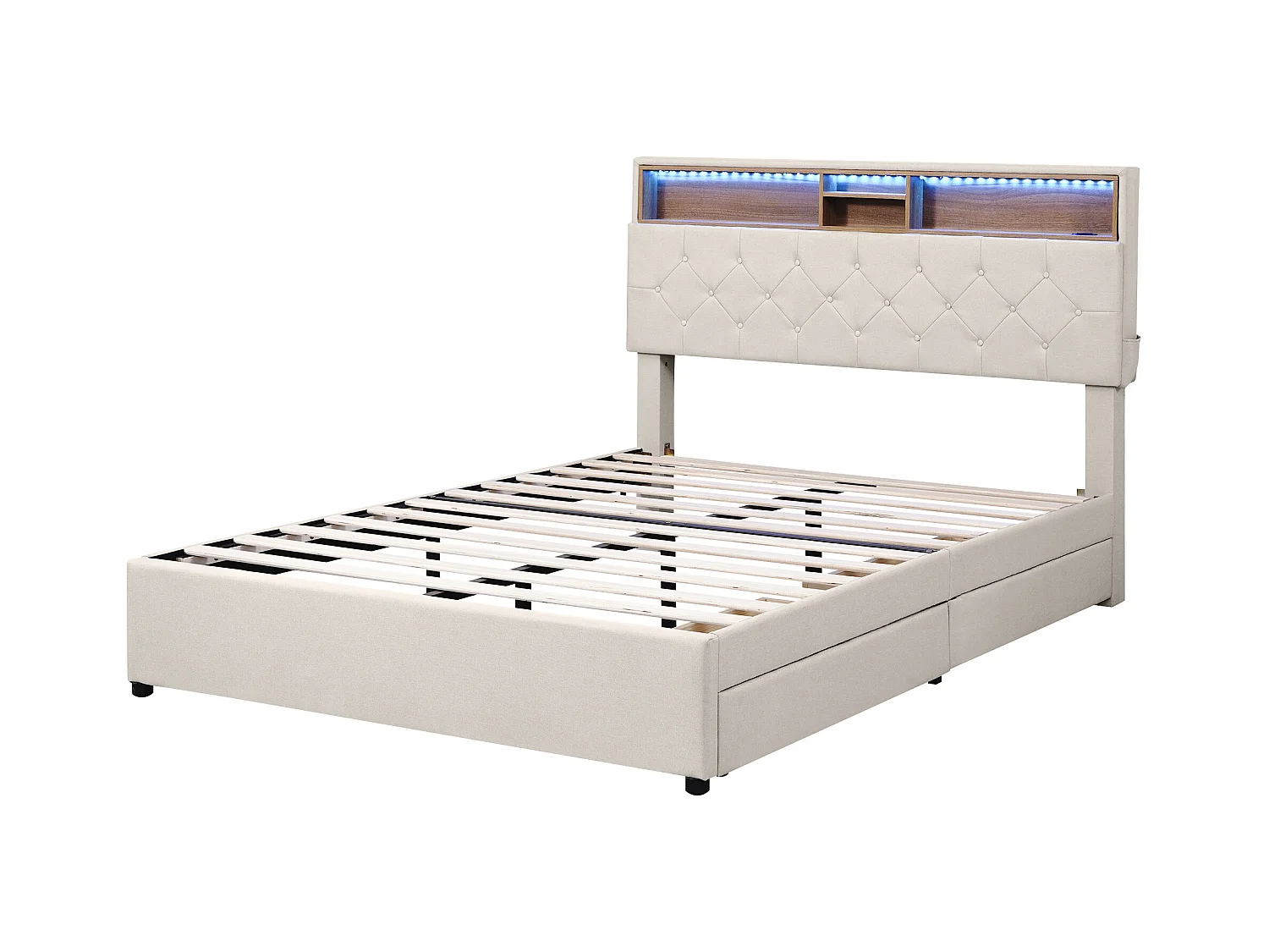 Lit adulte 140x200 cm en lin beige - avec tête de lit réglable, USB, LED et 2 tiroirs (sans matelas)