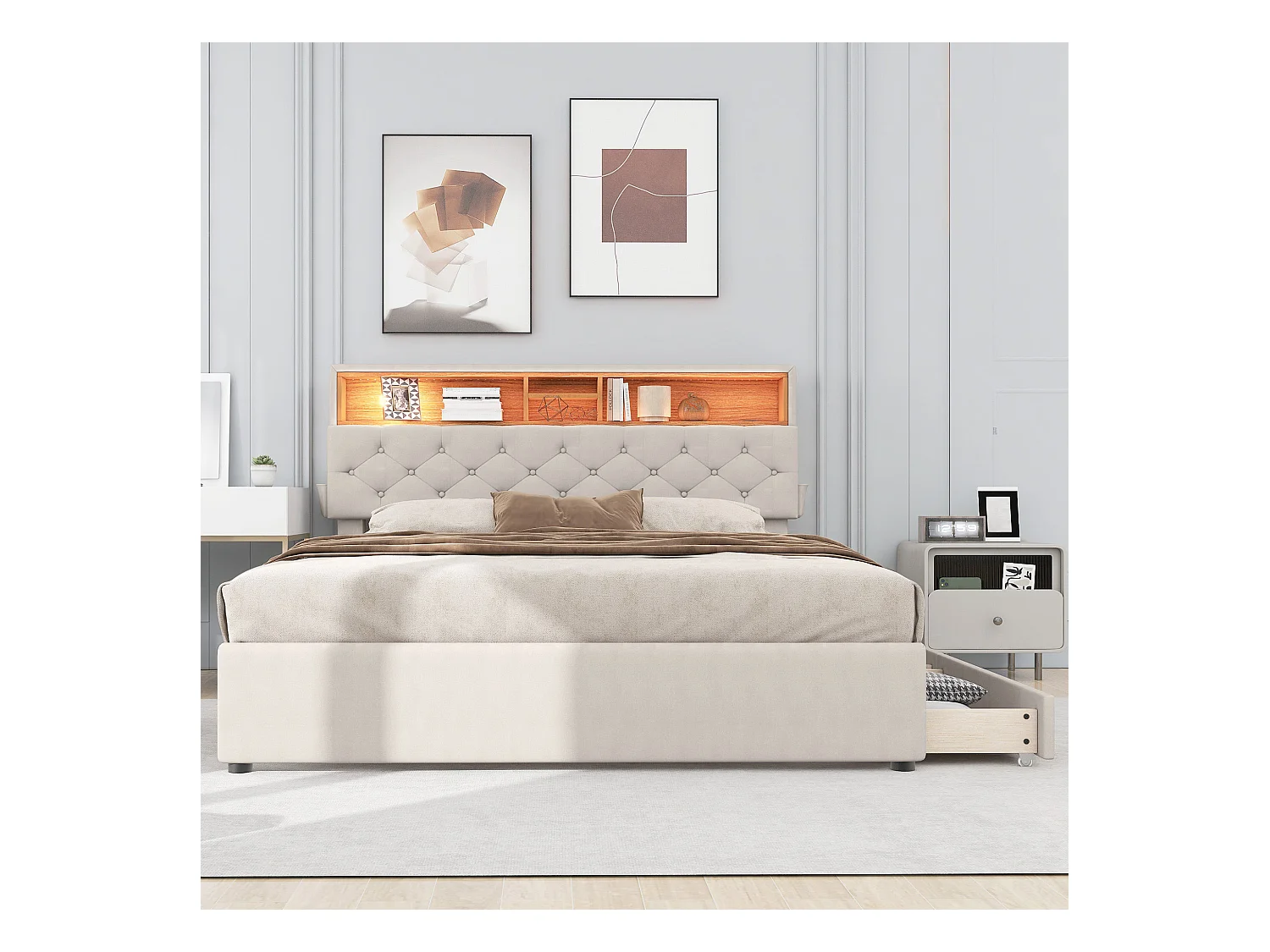 Lit adulte 140x200 cm en lin beige - avec tête de lit réglable, USB, LED et 2 tiroirs (sans matelas)