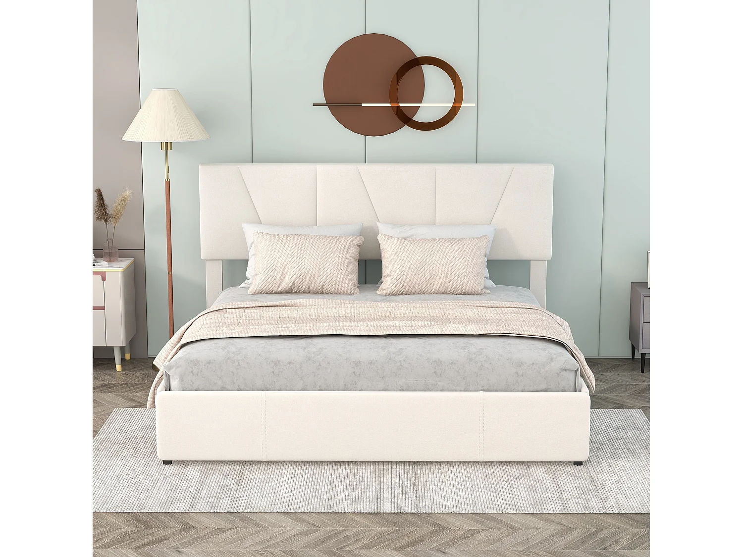 Lit adulte 160x200 cm en velours beige avec 4 tiroirs et tête de lit réglable(sans matelas)