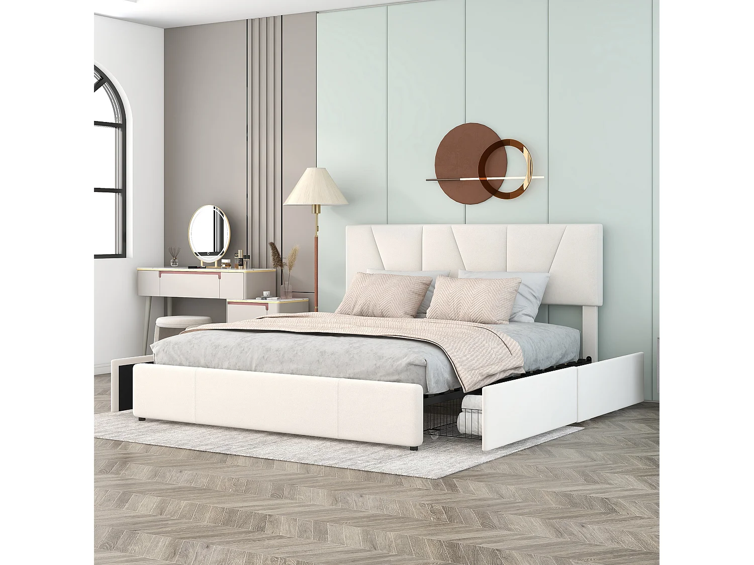 Lit adulte 160x200 cm en velours beige avec 4 tiroirs et tête de lit réglable(sans matelas)