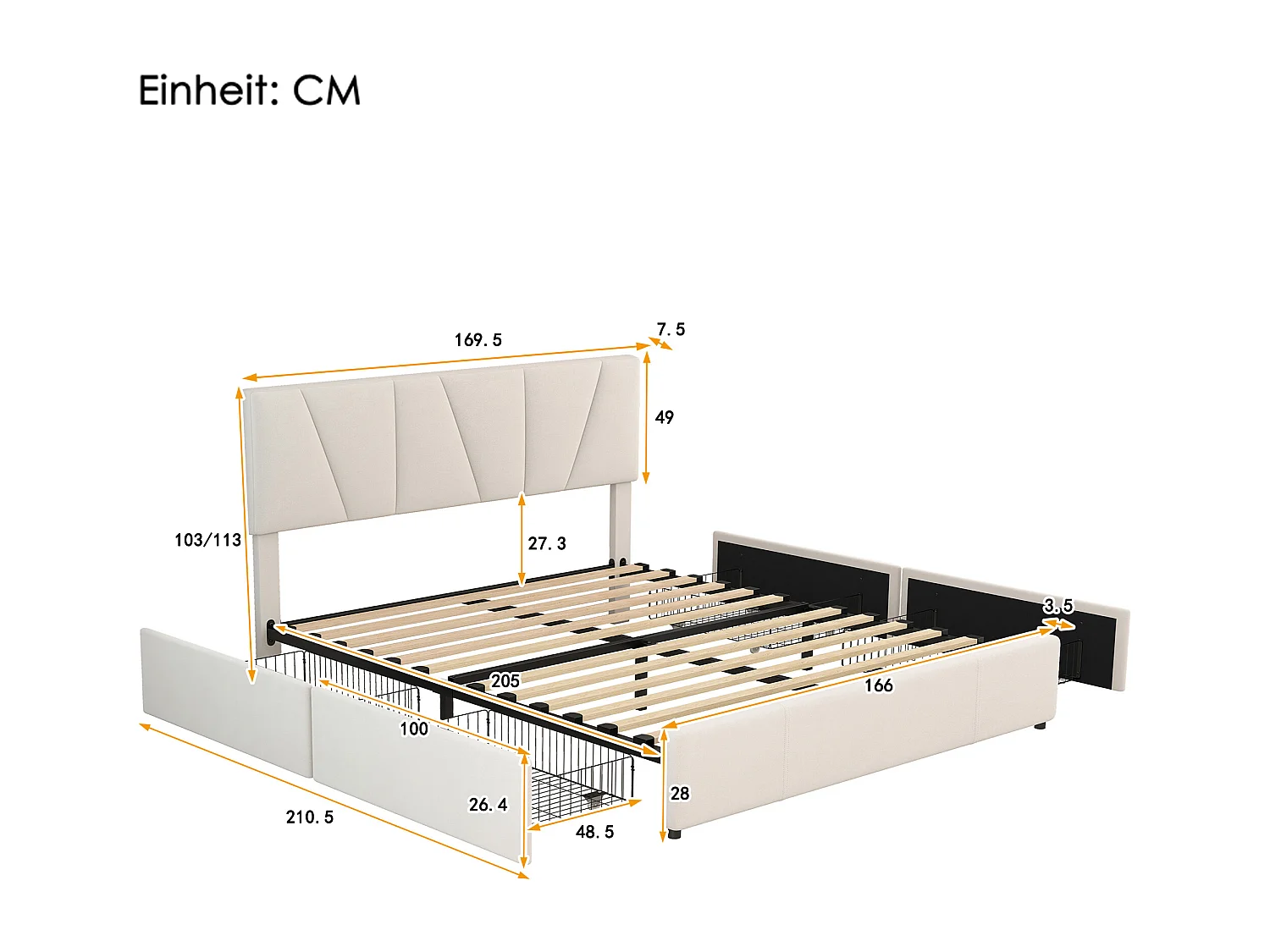 Lit adulte 160x200 cm en velours beige avec 4 tiroirs et tête de lit réglable(sans matelas)