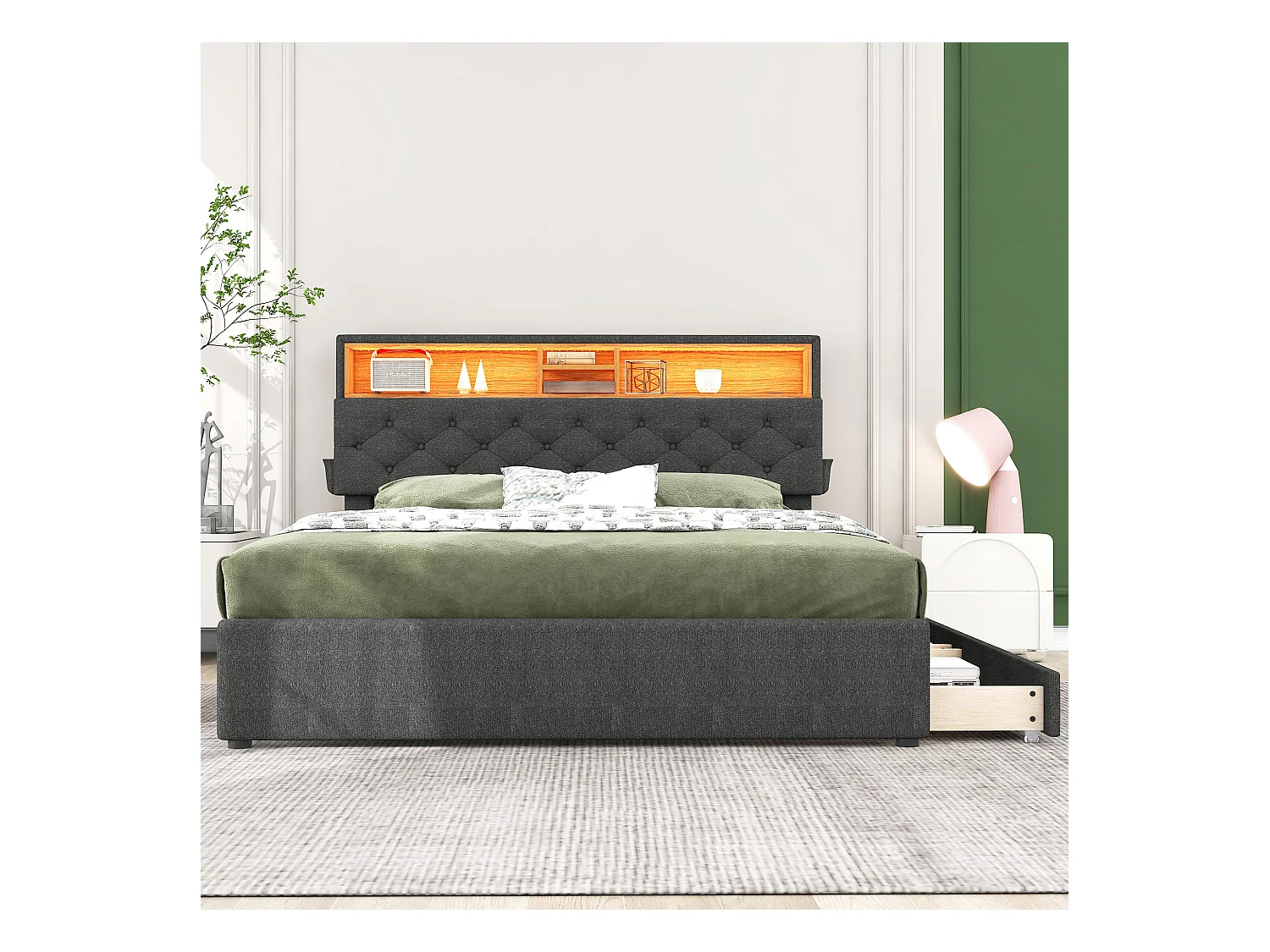 Lit adulte 140x200 cm avec 2 tiroirs - tête de lit réglable, USB et LED - en lin Gris(sans matelas)