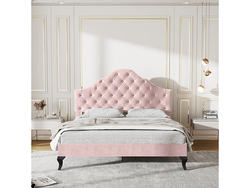 Tweepersoonsbed 140x200 cm met lattenbodem en verstelbaar hoofdbord – Roze fluweel (zonder matras)