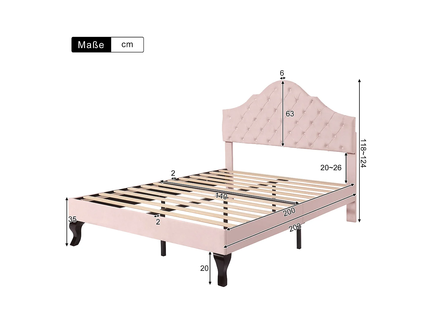 Lit adulte 140x200 cm avec sommier à lattes et tête de lit réglable– Velours rose(sans matelas)