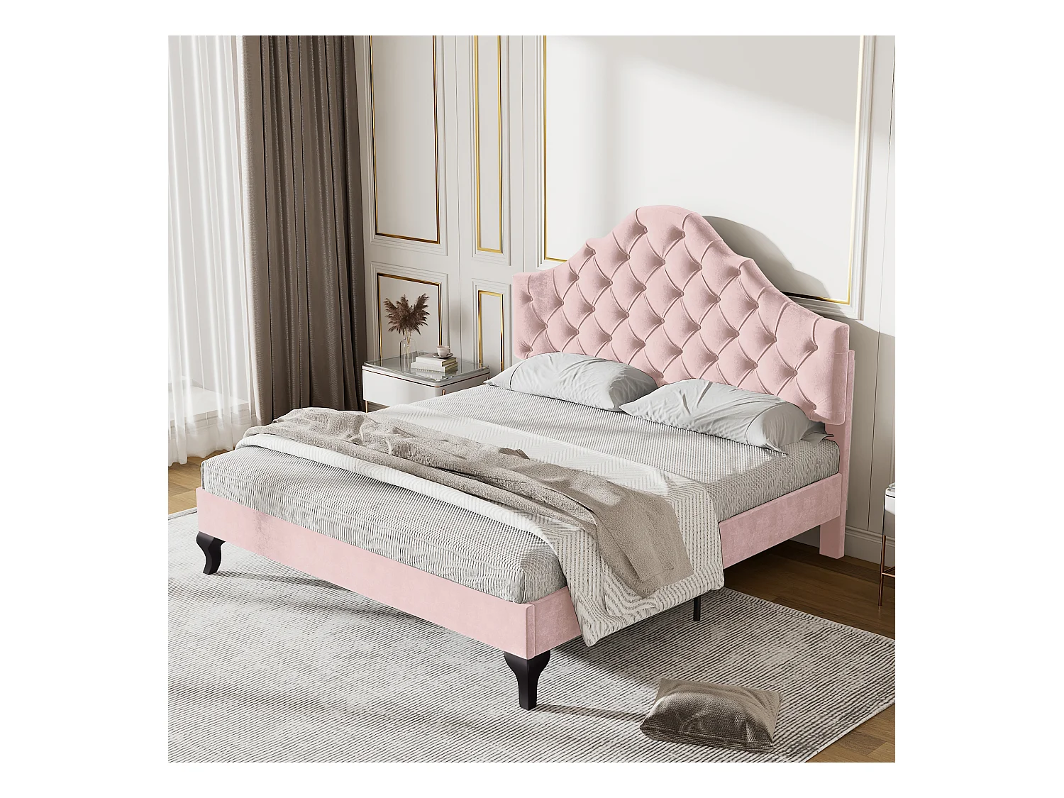 Lit adulte 140x200 cm avec sommier à lattes et tête de lit réglable– Velours rose(sans matelas)