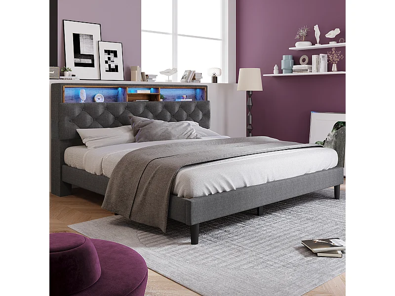 Lit adulte 140x200 cm, tête de lit avec Etagère, éclairage LED, en lin Gris, sans matelas