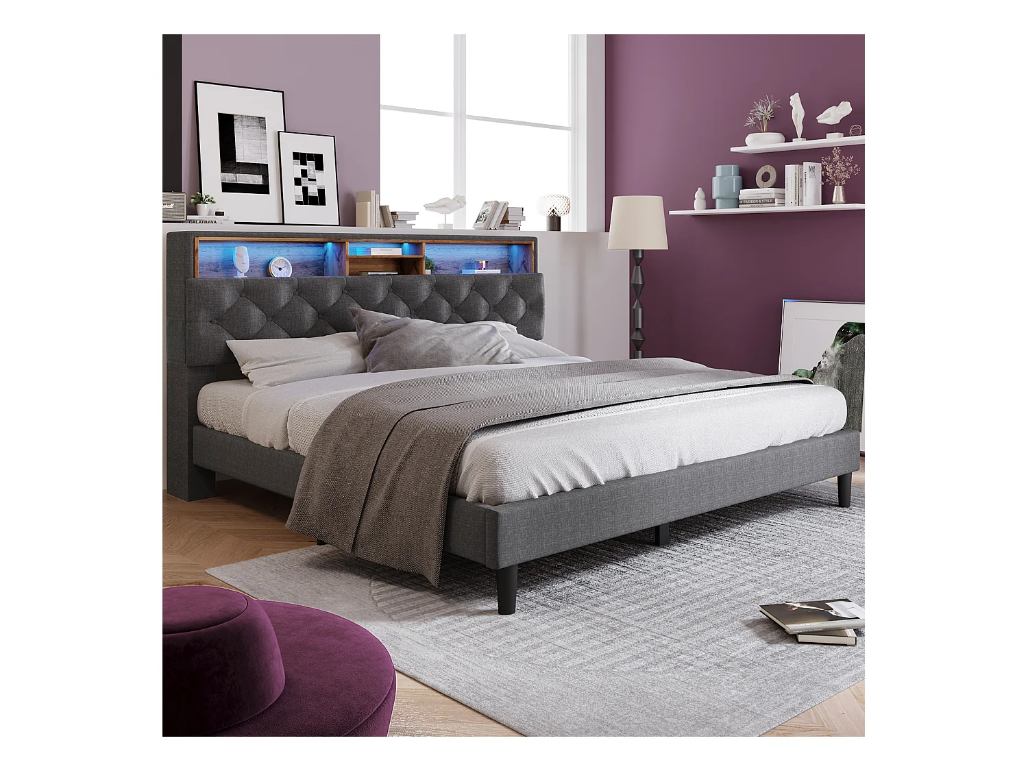 Cama de casal 140x200 cm com cabeceira com arrumação e luz LED - Cinza (sem colchão)