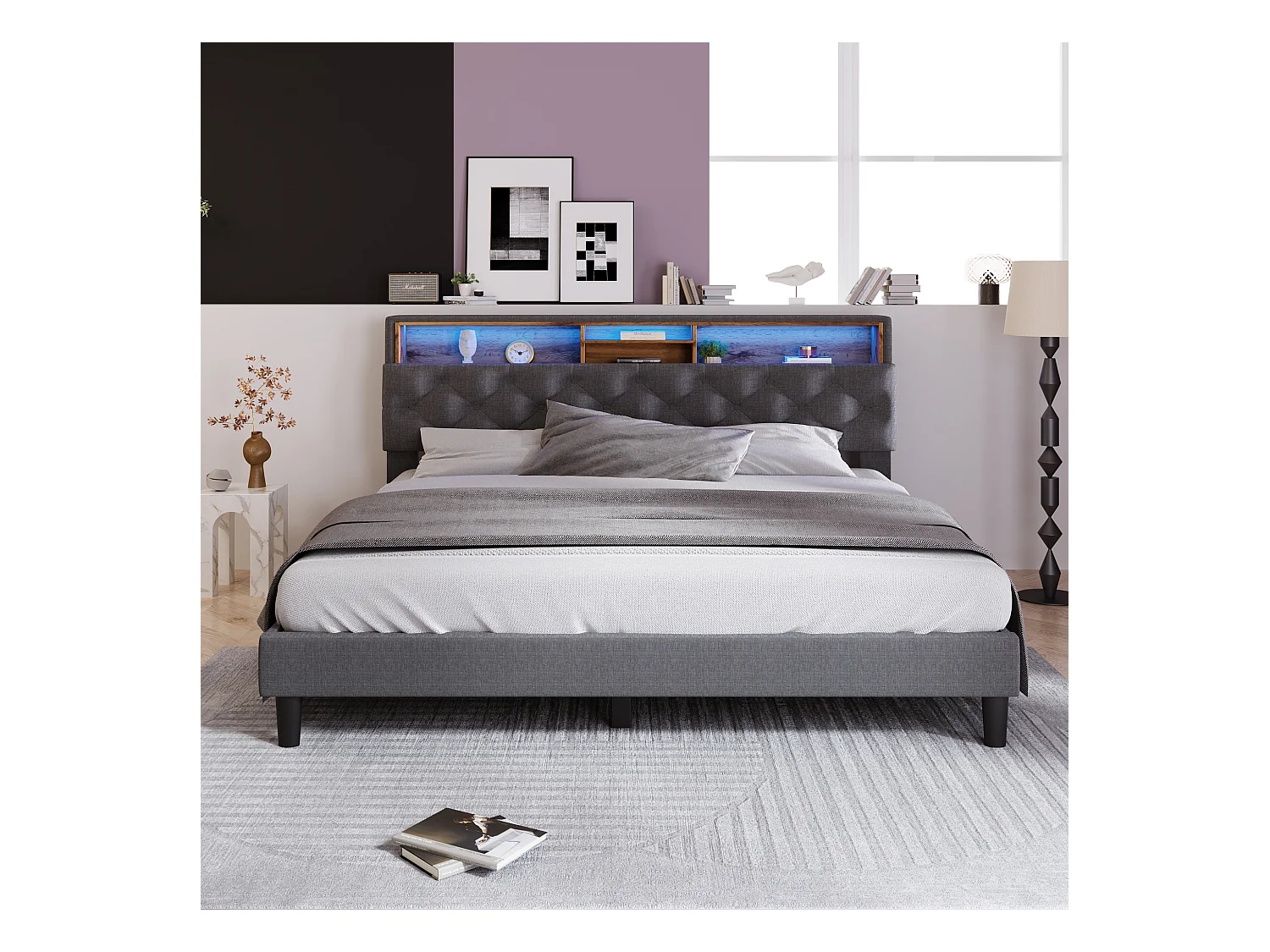 Cama de casal 140x200 cm com cabeceira com arrumação e luz LED - Cinza (sem colchão)