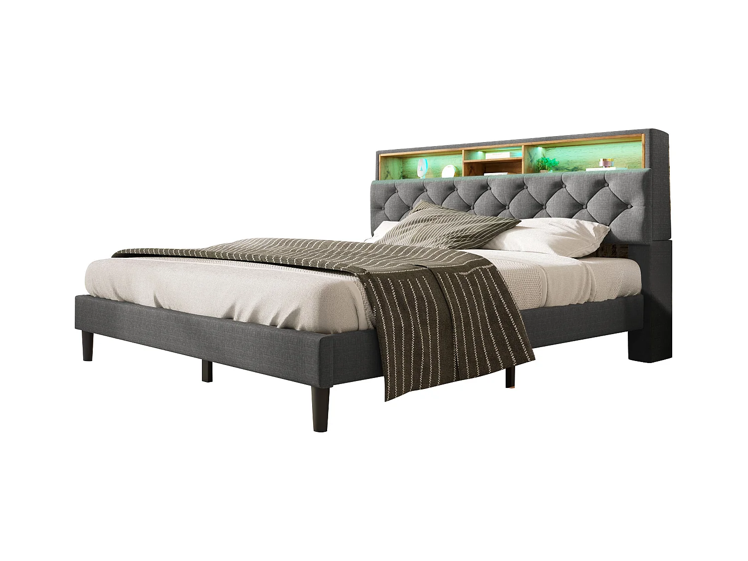 Cama de casal 140x200 cm com cabeceira com arrumação e luz LED - Cinza (sem colchão)