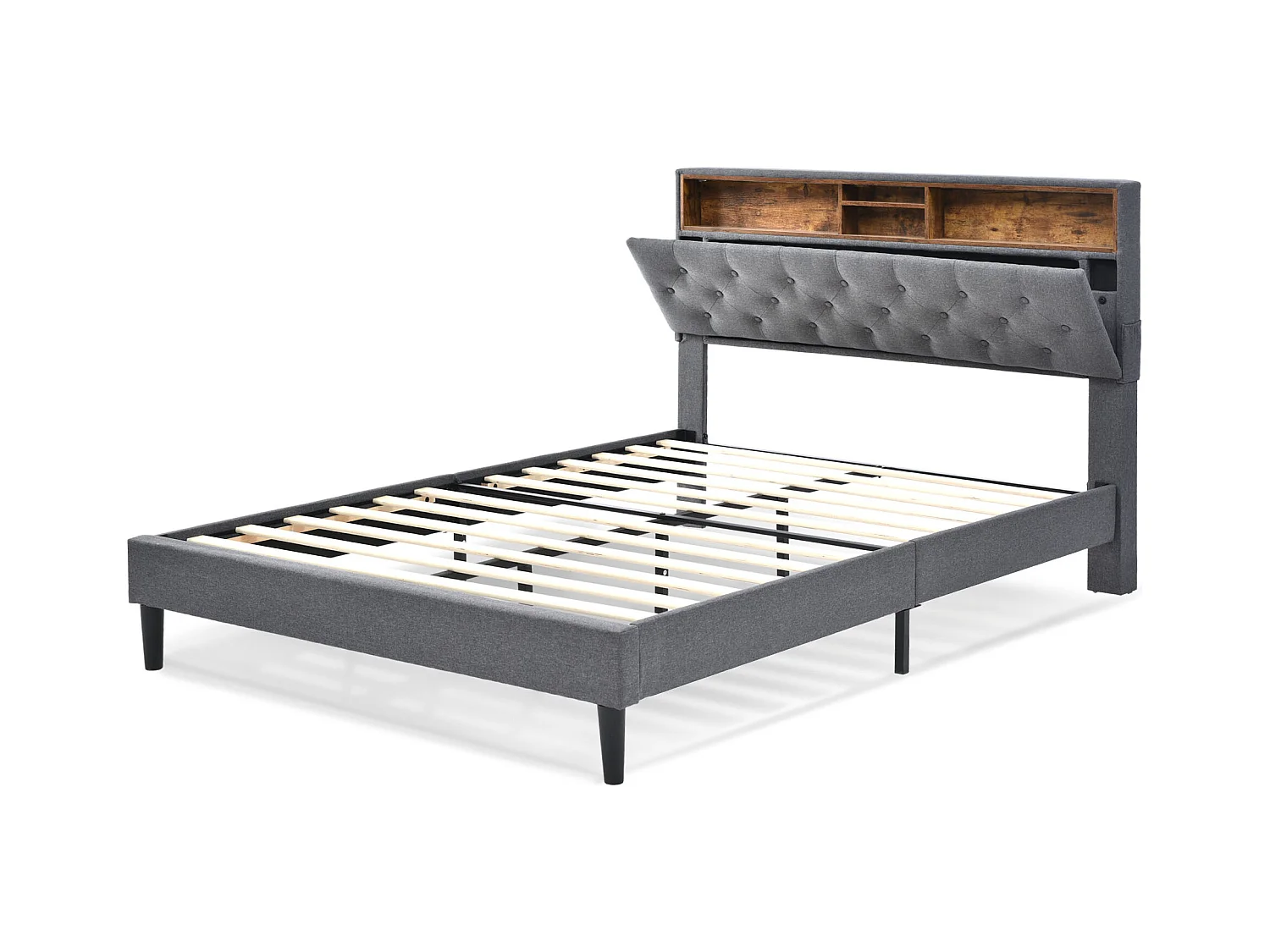 Cama de casal 140x200 cm com cabeceira com arrumação e luz LED - Cinza (sem colchão)