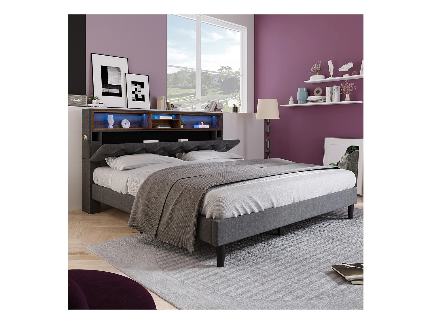 Cama de casal 140x200 cm com cabeceira com arrumação e luz LED - Cinza (sem colchão)