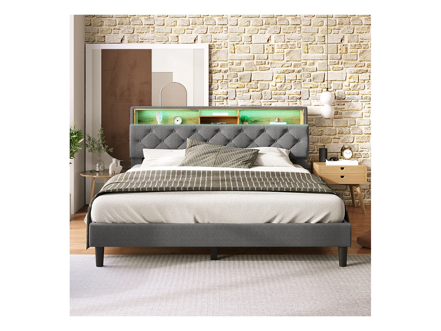 Cama de casal 140x200 cm com cabeceira com arrumação e luz LED - Cinza (sem colchão)