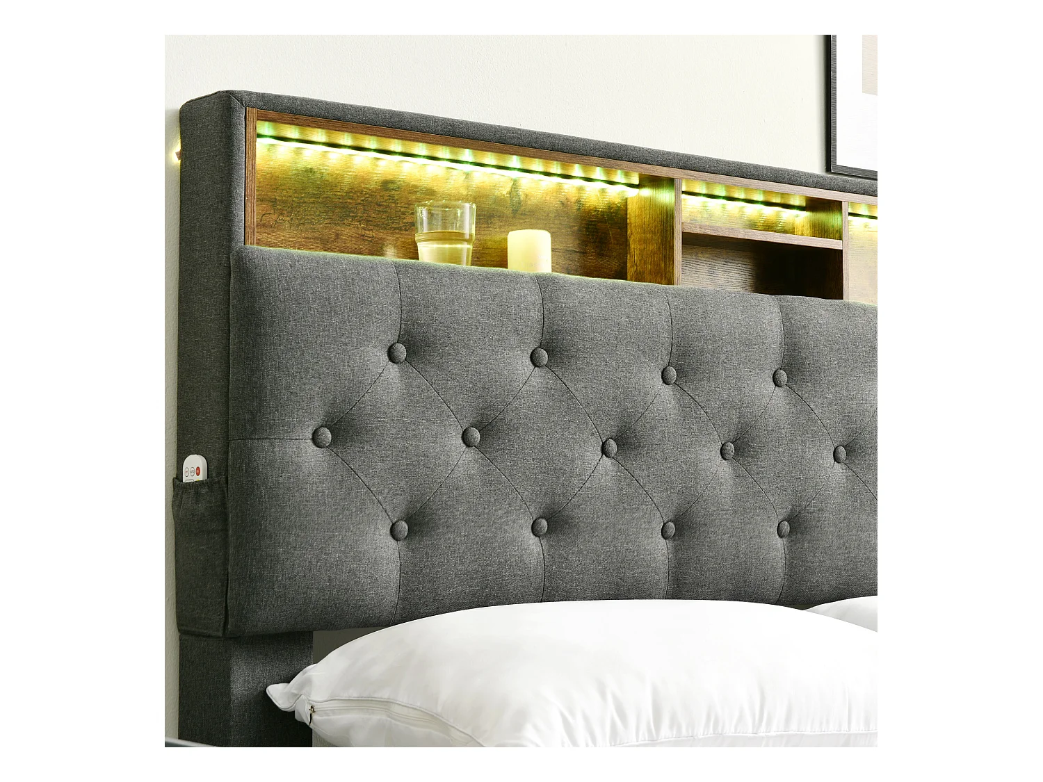 Cama de casal 140x200 cm com cabeceira com arrumação e luz LED - Cinza (sem colchão)