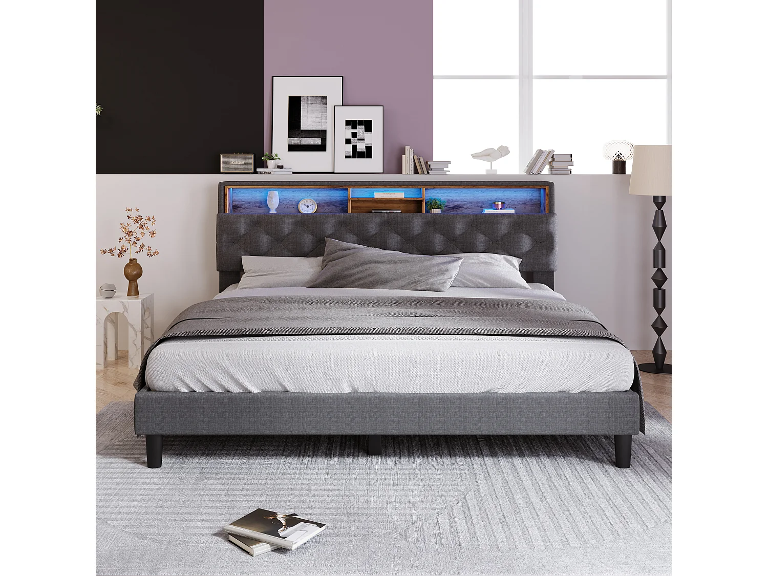 Tweepersoonsbed 140x200 cm met opberghoek en LED-verlichting - Grijs (zonder matras)