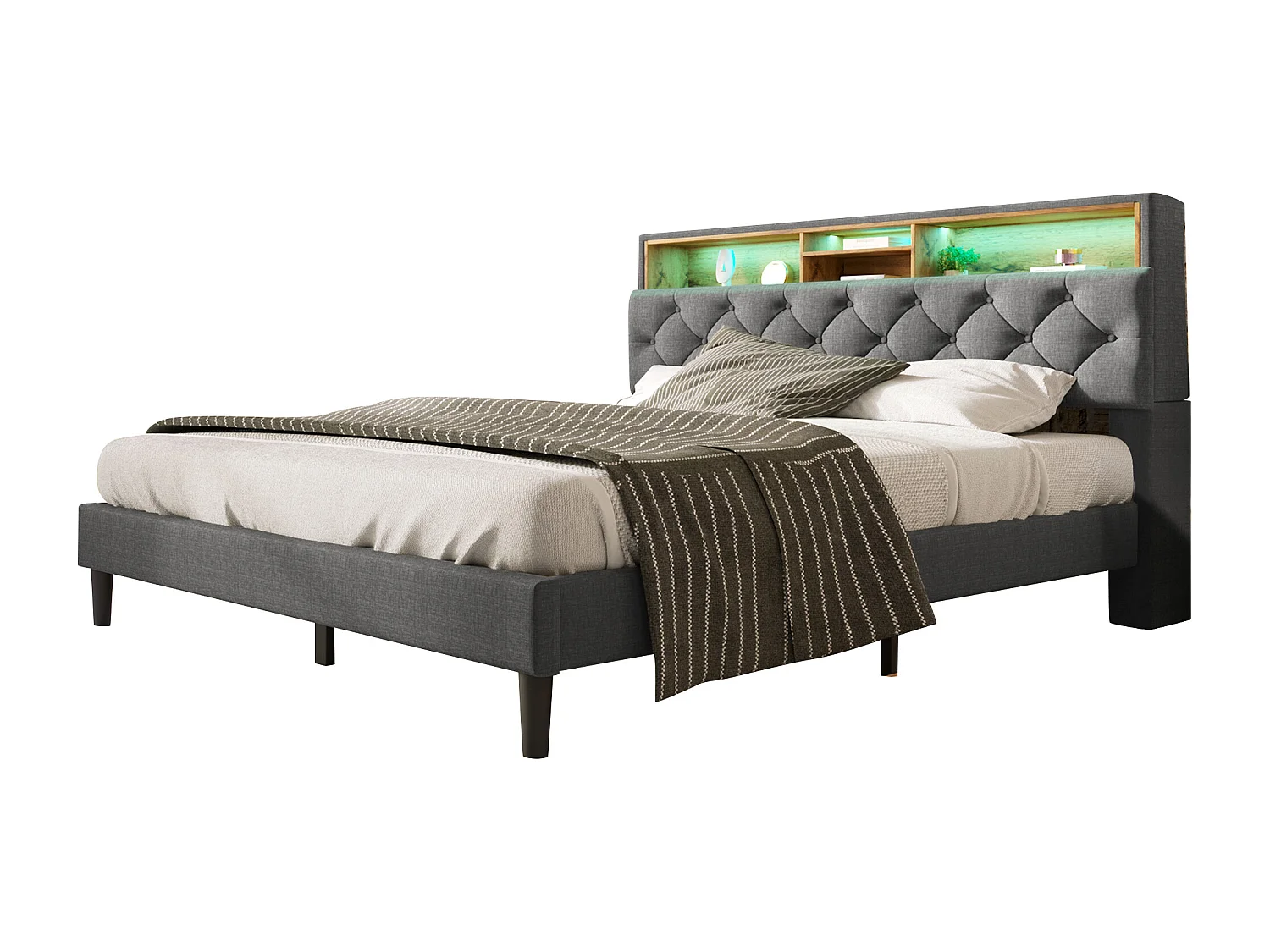 Tweepersoonsbed 140x200 cm met opberghoek en LED-verlichting - Grijs (zonder matras)