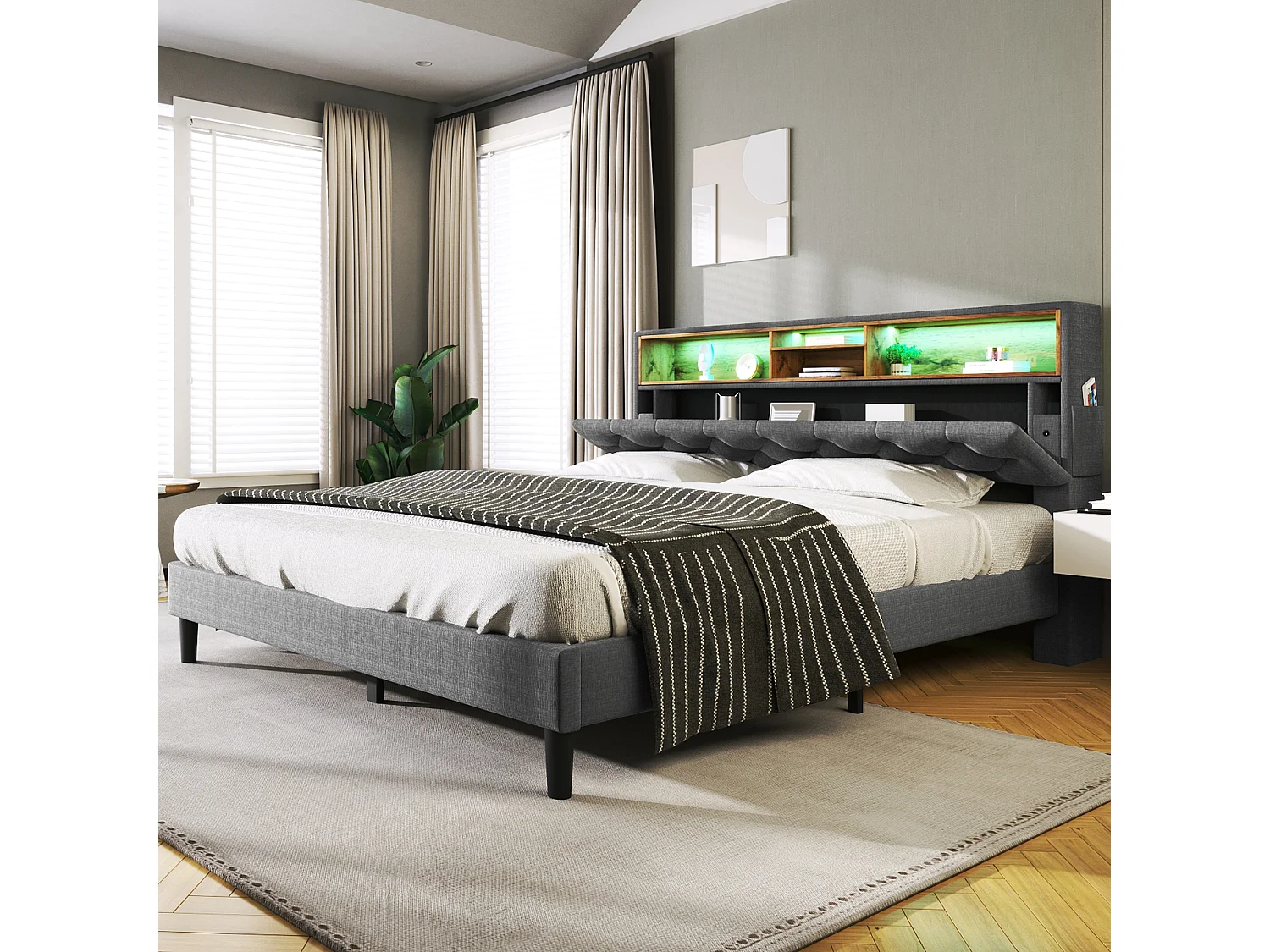 Tweepersoonsbed 140x200 cm met opberghoek en LED-verlichting - Grijs (zonder matras)