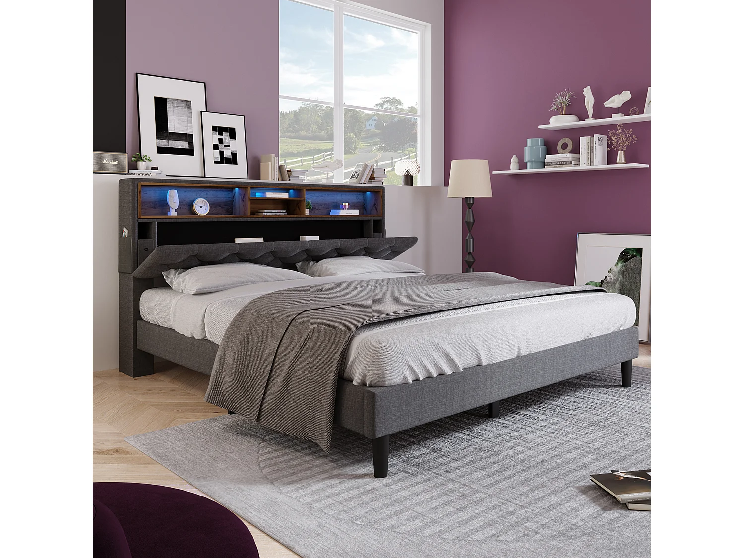 Tweepersoonsbed 140x200 cm met opberghoek en LED-verlichting - Grijs (zonder matras)