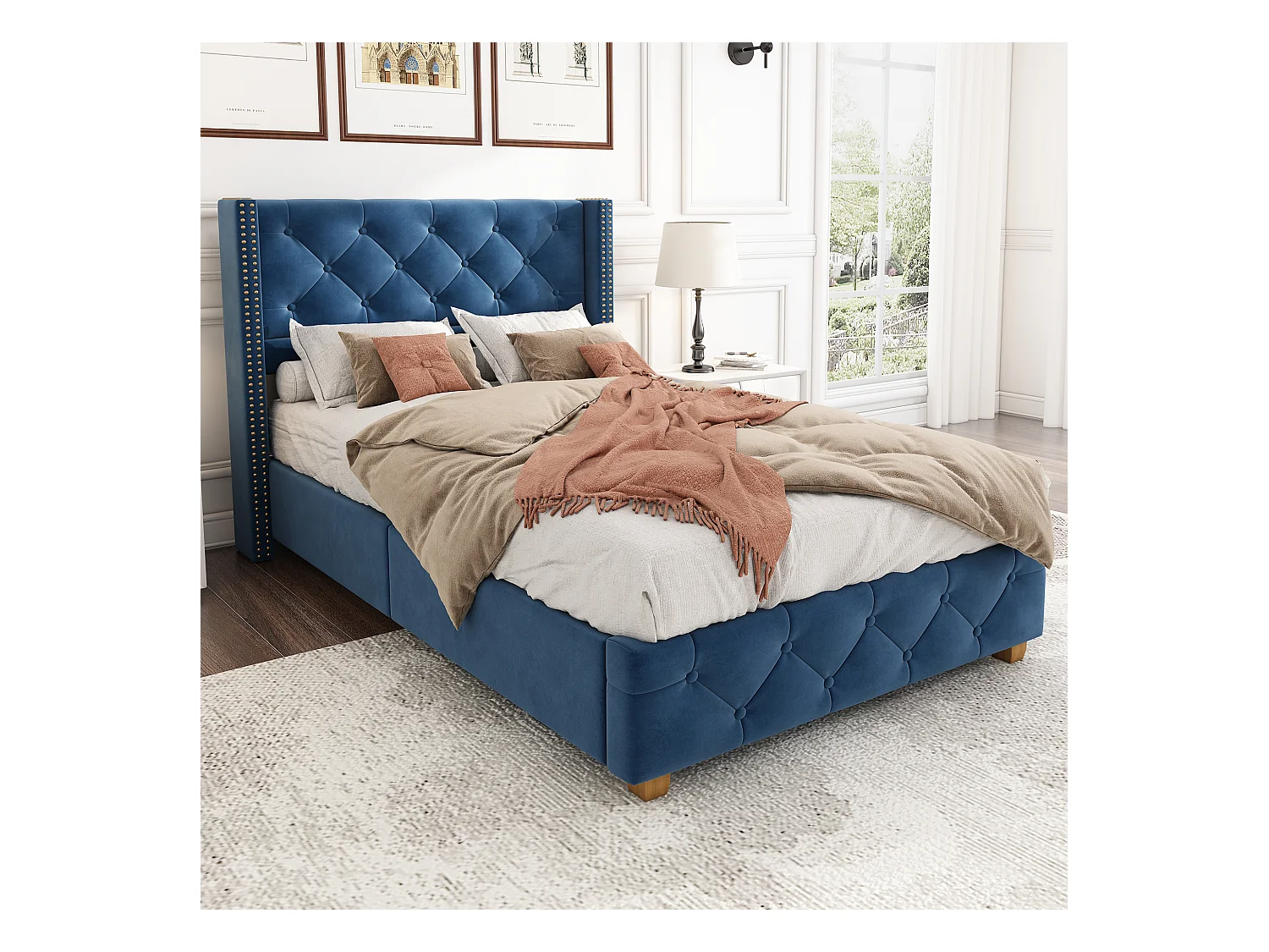 Lit adulte 90x200 cm avec sommier, Tête de lit capitonnée avec clous, Velours bleu, sans matelas