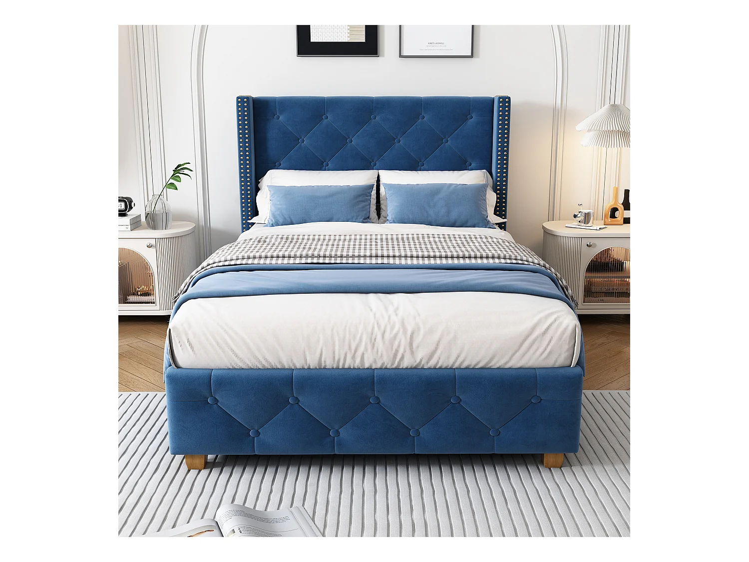 Lit adulte 90x200 cm avec sommier, Tête de lit capitonnée avec clous, Velours bleu, sans matelas