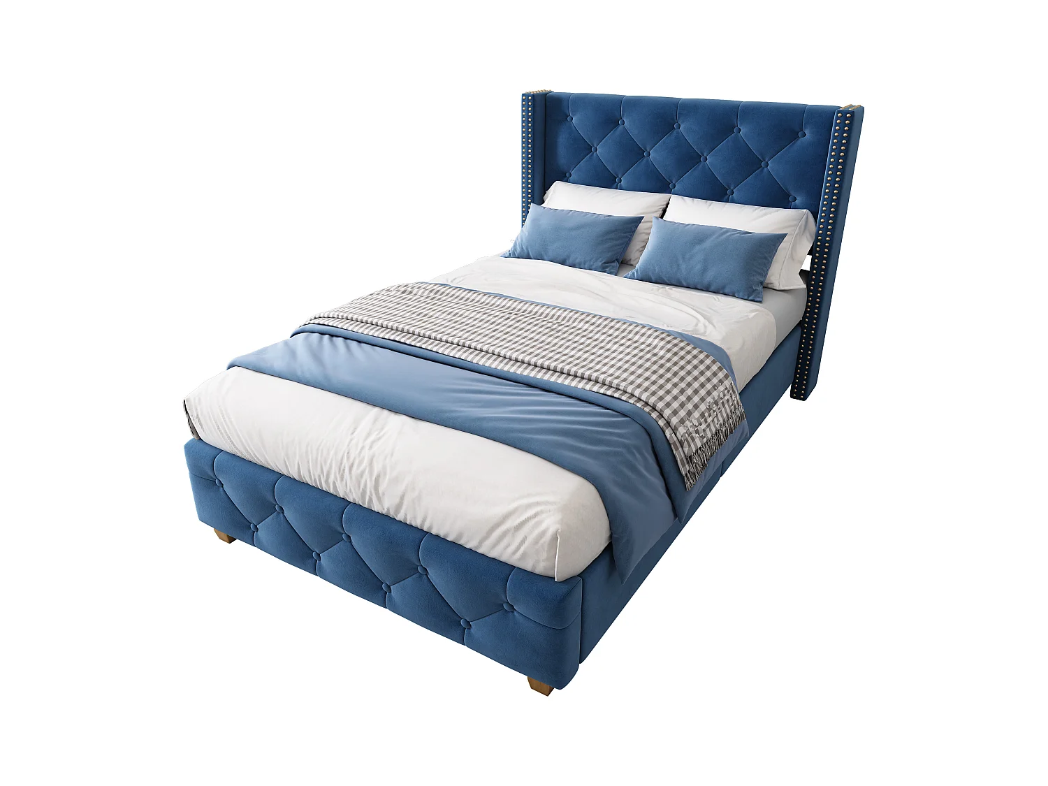 Lit adulte 90x200 cm avec sommier, Tête de lit capitonnée avec clous, Velours bleu, sans matelas