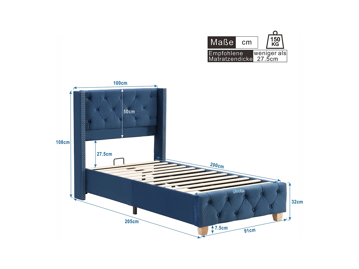 Lit adulte 90x200 cm avec sommier, Tête de lit capitonnée avec clous, Velours bleu, sans matelas