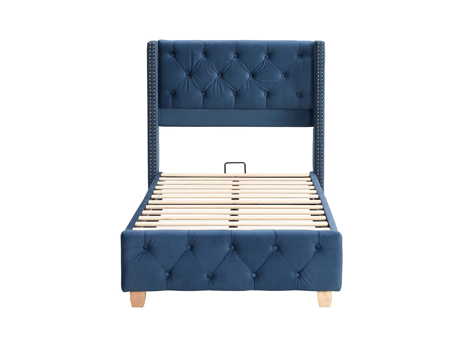 Lit adulte 90x200 cm avec sommier, Tête de lit capitonnée avec clous, Velours bleu, sans matelas