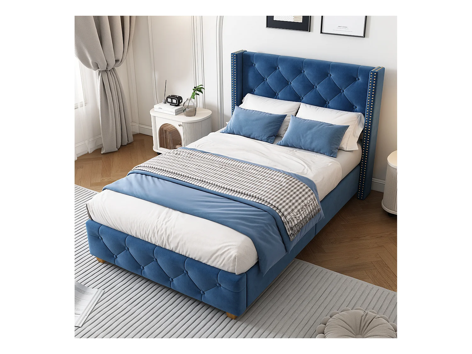Lit adulte 90x200 cm avec sommier, Tête de lit capitonnée avec clous, Velours bleu, sans matelas