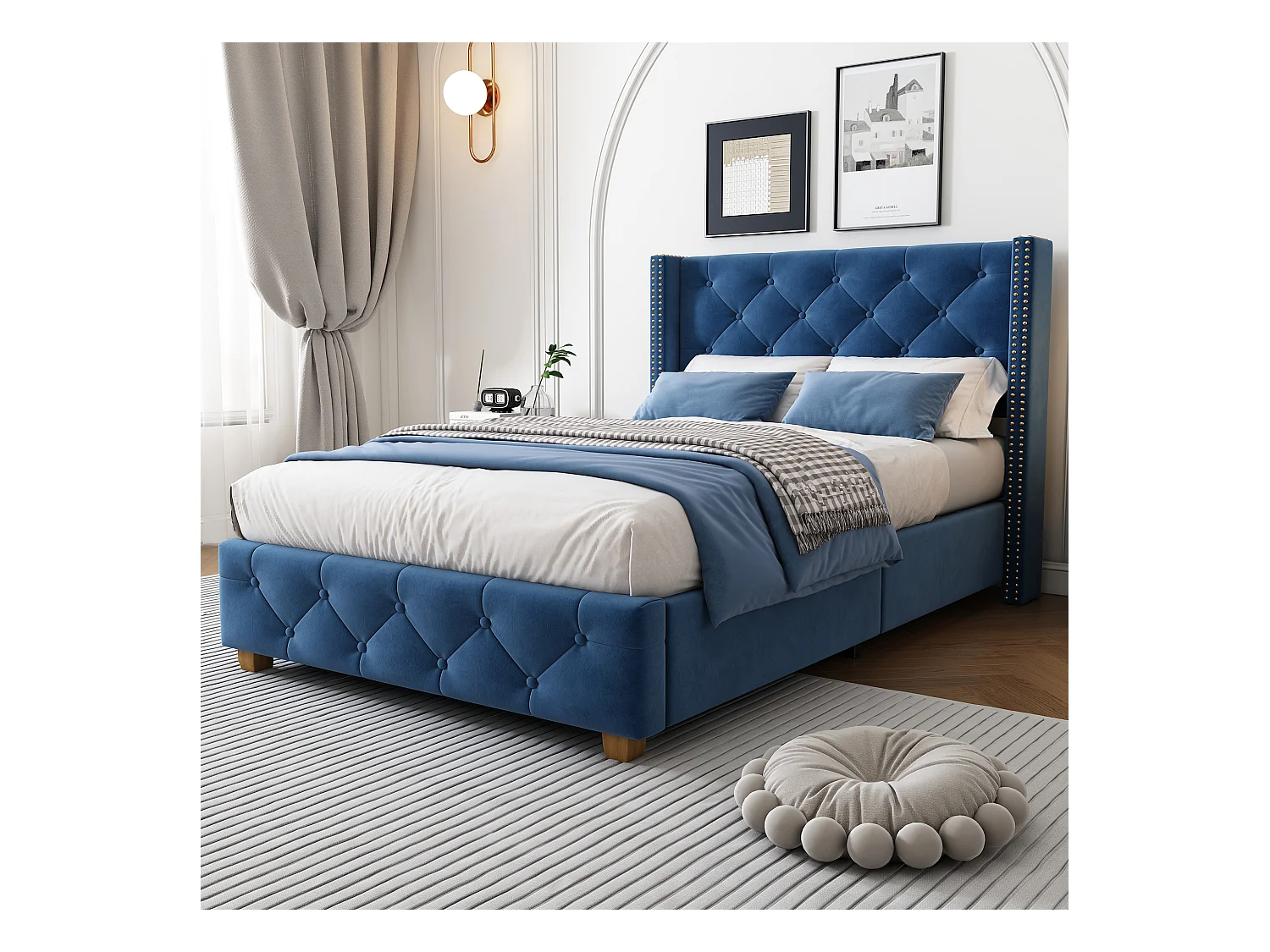 Lit adulte 90x200 cm avec sommier, Tête de lit capitonnée avec clous, Velours bleu, sans matelas