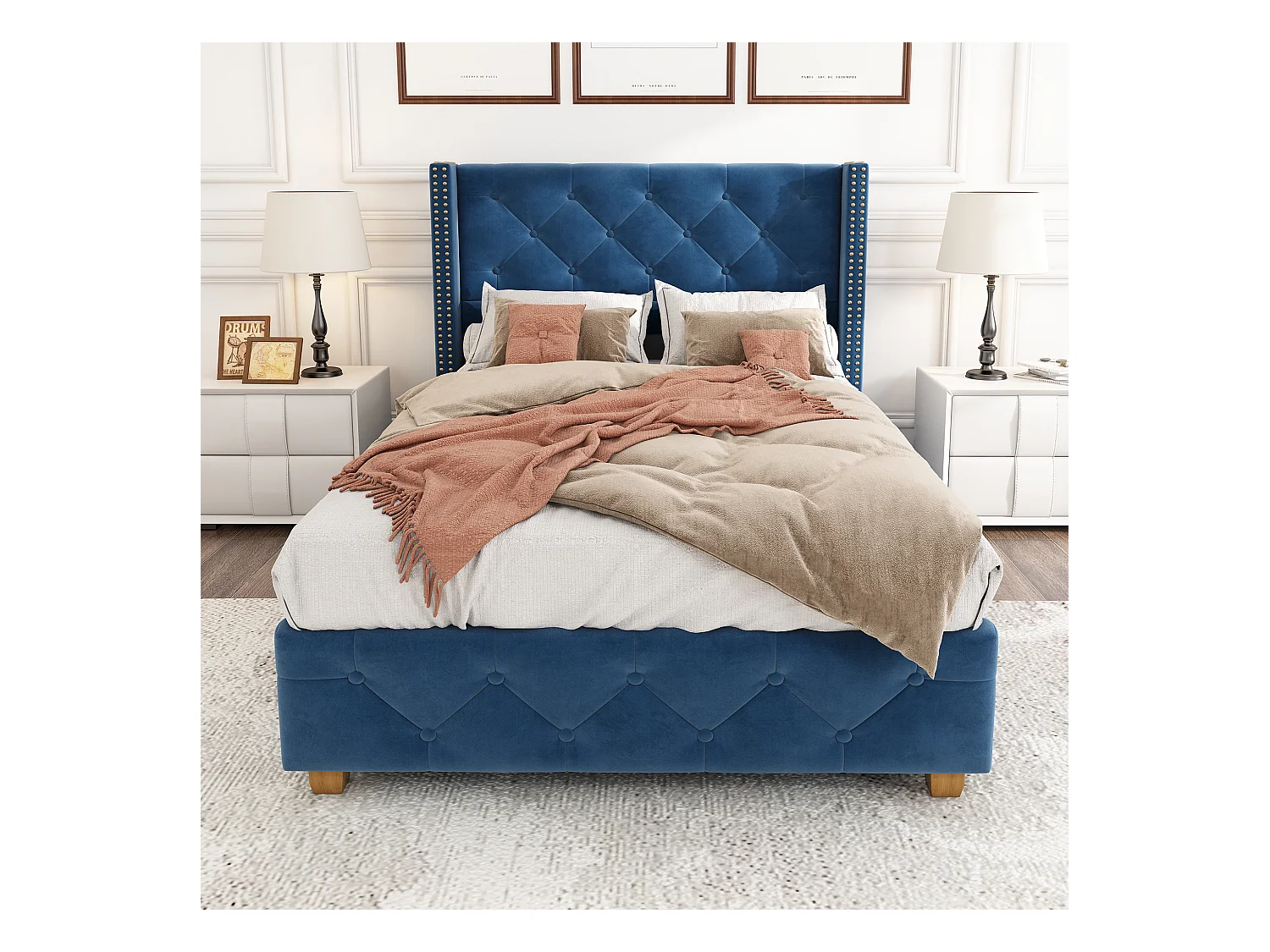 Lit adulte 90x200 cm avec sommier, Tête de lit capitonnée avec clous, Velours bleu, sans matelas