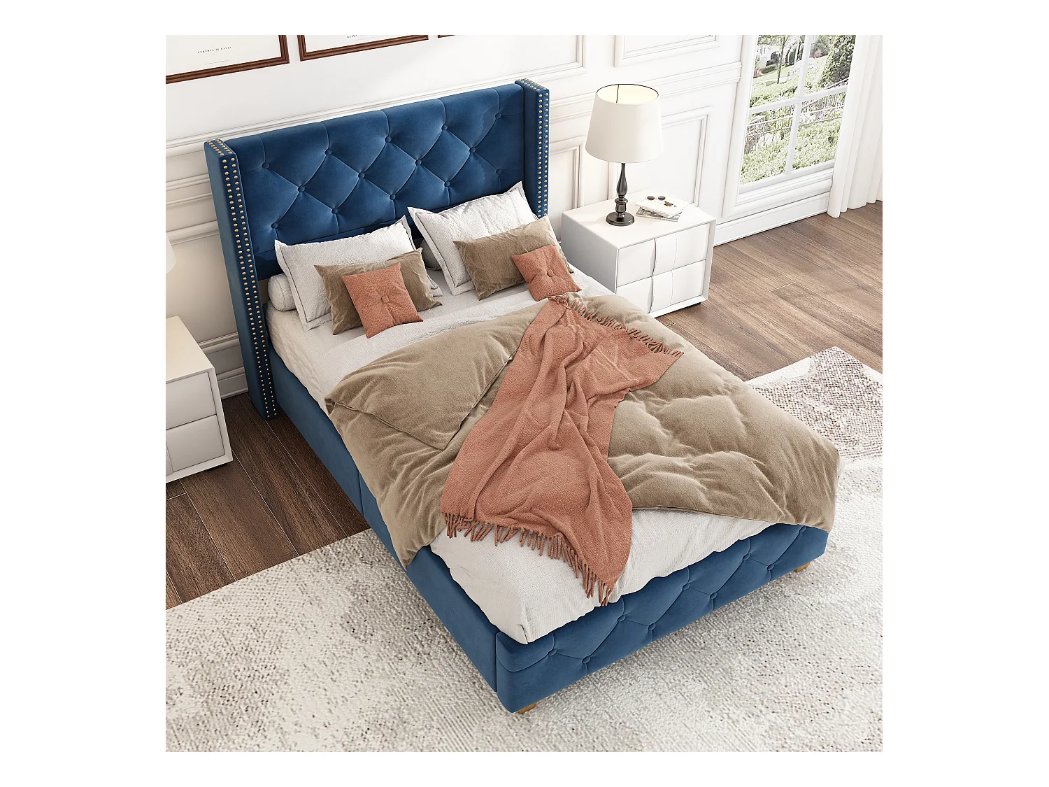 Lit adulte 90x200 cm avec sommier, Tête de lit capitonnée avec clous, Velours bleu, sans matelas