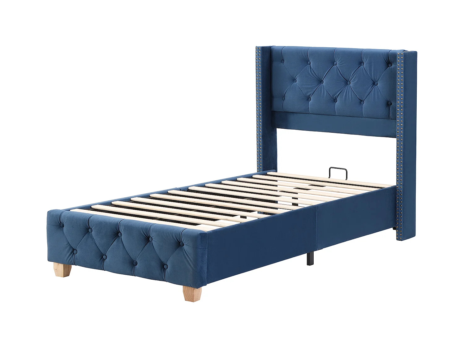 Lit adulte 90x200 cm avec sommier, Tête de lit capitonnée avec clous, Velours bleu, sans matelas