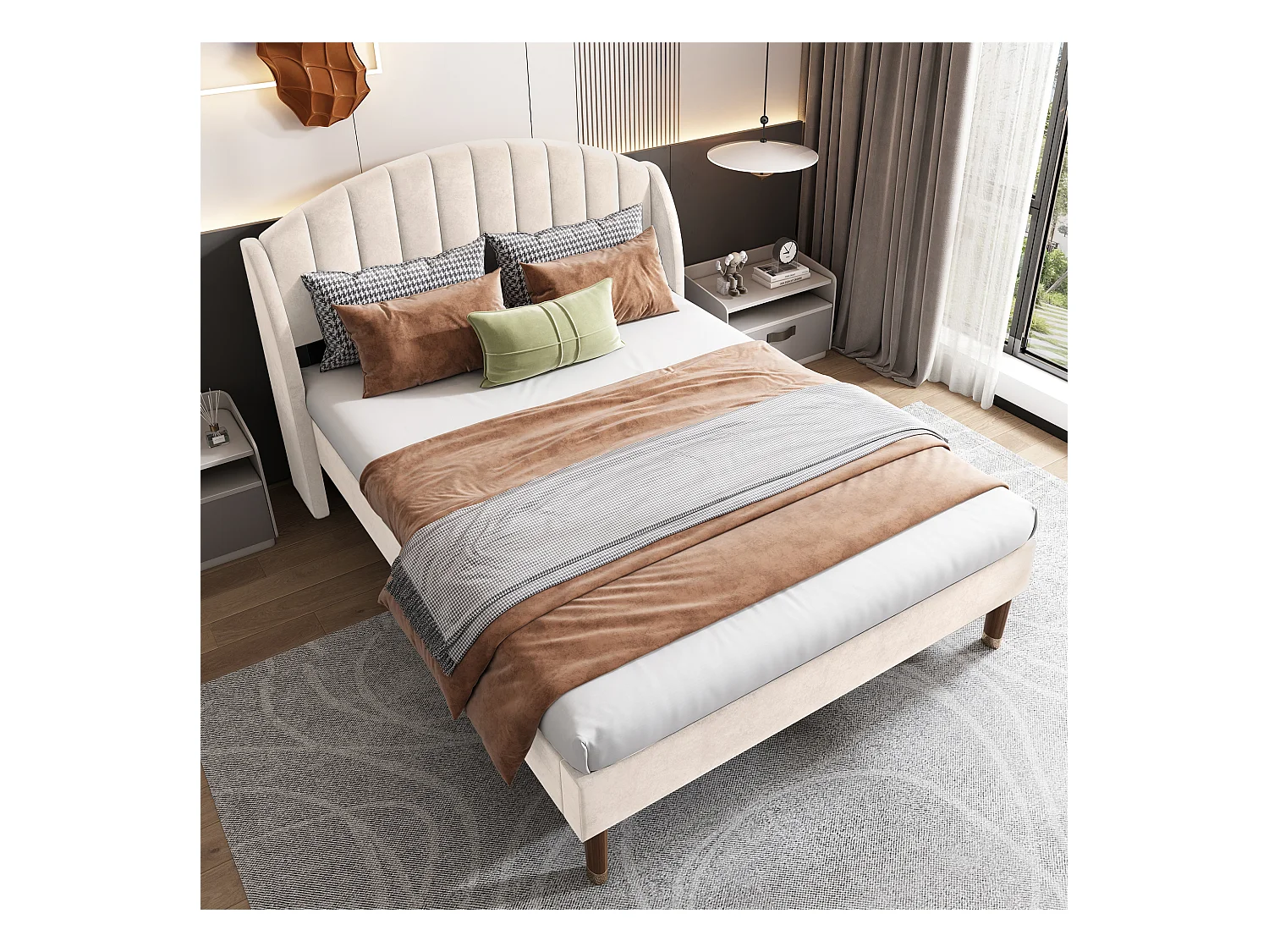 Letto matrimoniale 160x200 cm in velluto beige con testiera e rete a doghe (senza materasso)