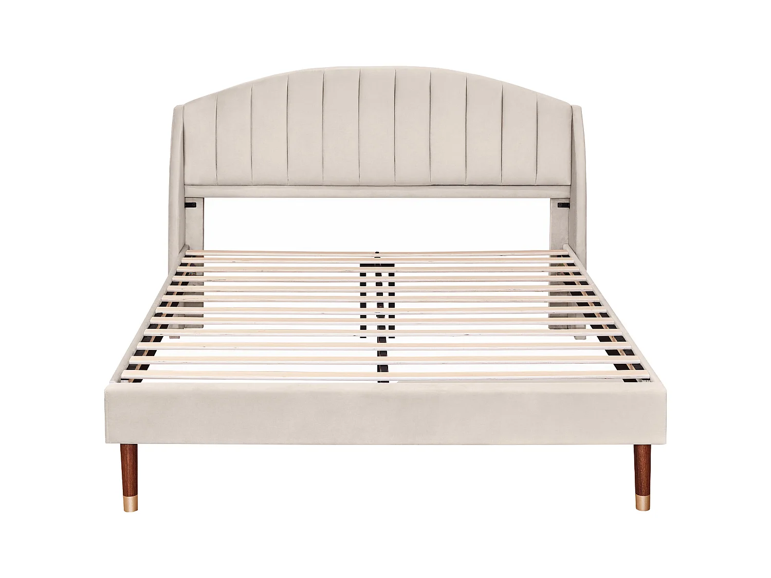 Letto matrimoniale 160x200 cm in velluto beige con testiera e rete a doghe (senza materasso)