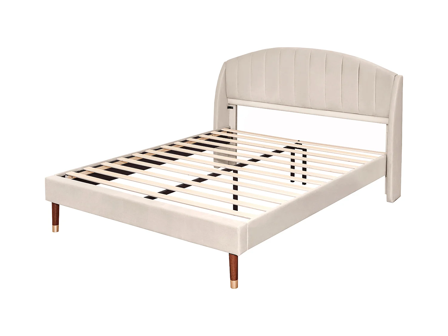 Letto matrimoniale 160x200 cm in velluto beige con testiera e rete a doghe (senza materasso)