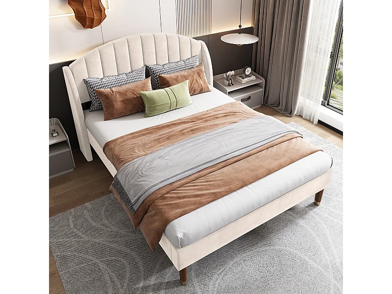 Lit adulte 160x200 cm en velours beige avec tête de lit et sommier à lattes(sans matelas)