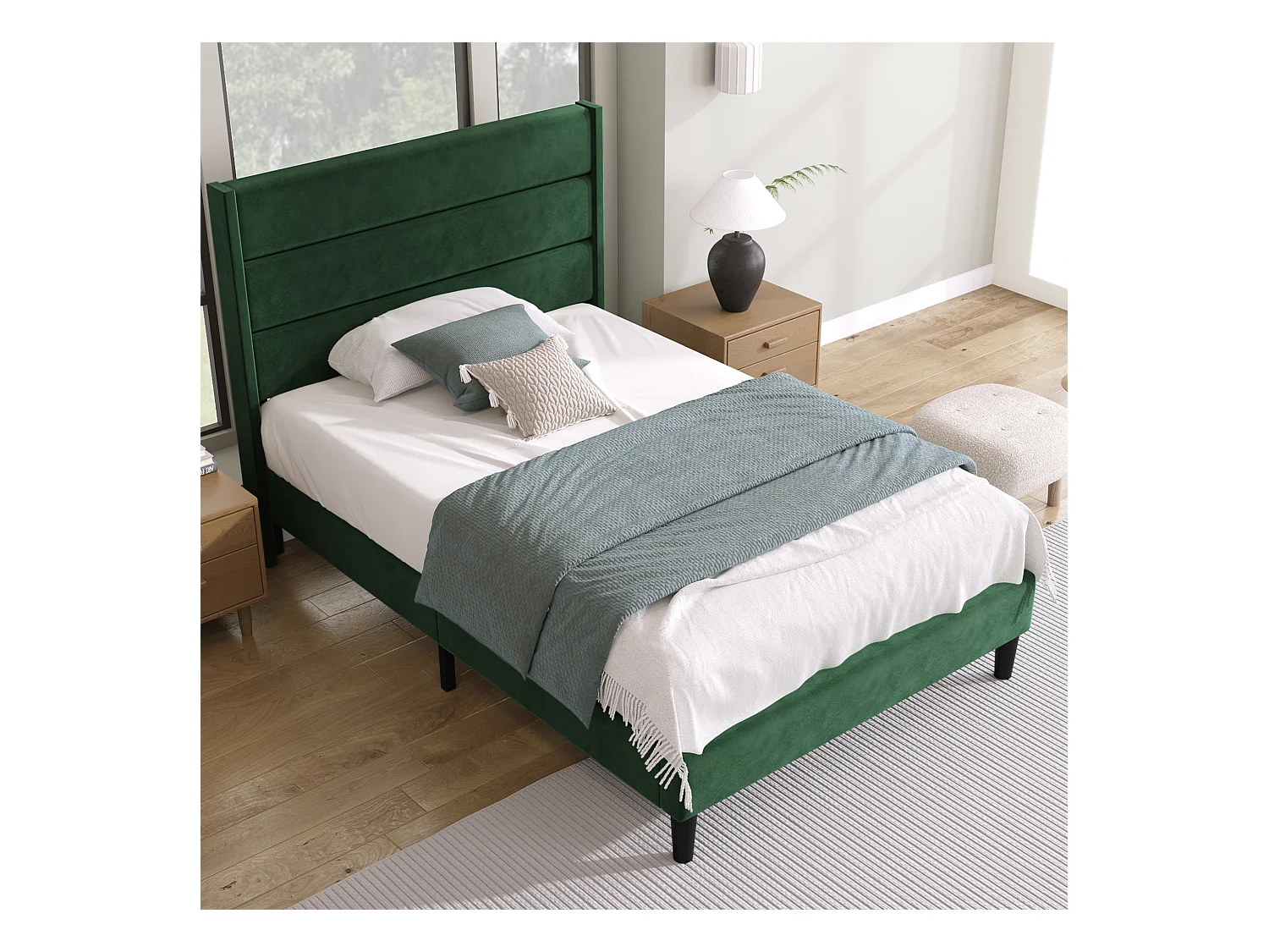Lit enfant 90x200 cm, cadre avec sommier à lattes et tête de lit,  en velours vert foncé(sans matelas)