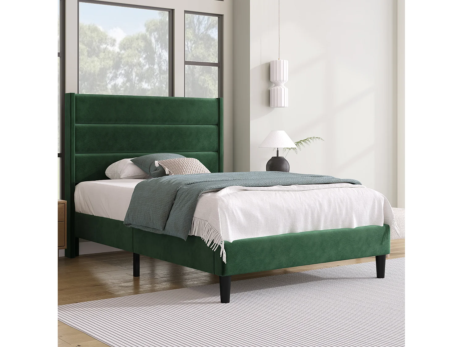 Cama solteiro 90x200 cm, estrutura com estrado de ripas e cabeceira, em veludo verde escuro (sem colchão)