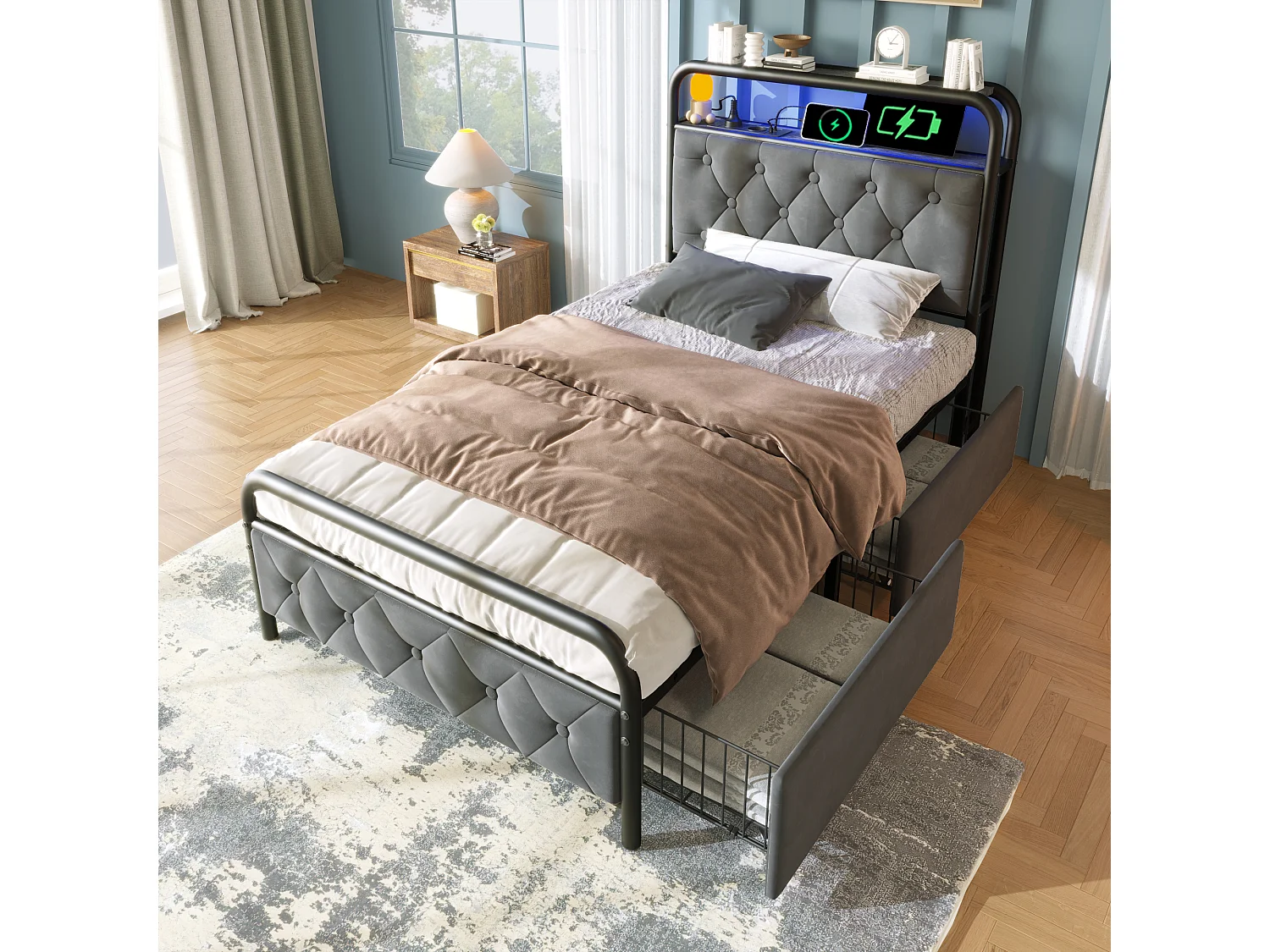 Lit enfant 90x200 cm avec 2 tiroirs, structure en métal avec USB Type-C et LED, tissu en velours gris, sans matelas