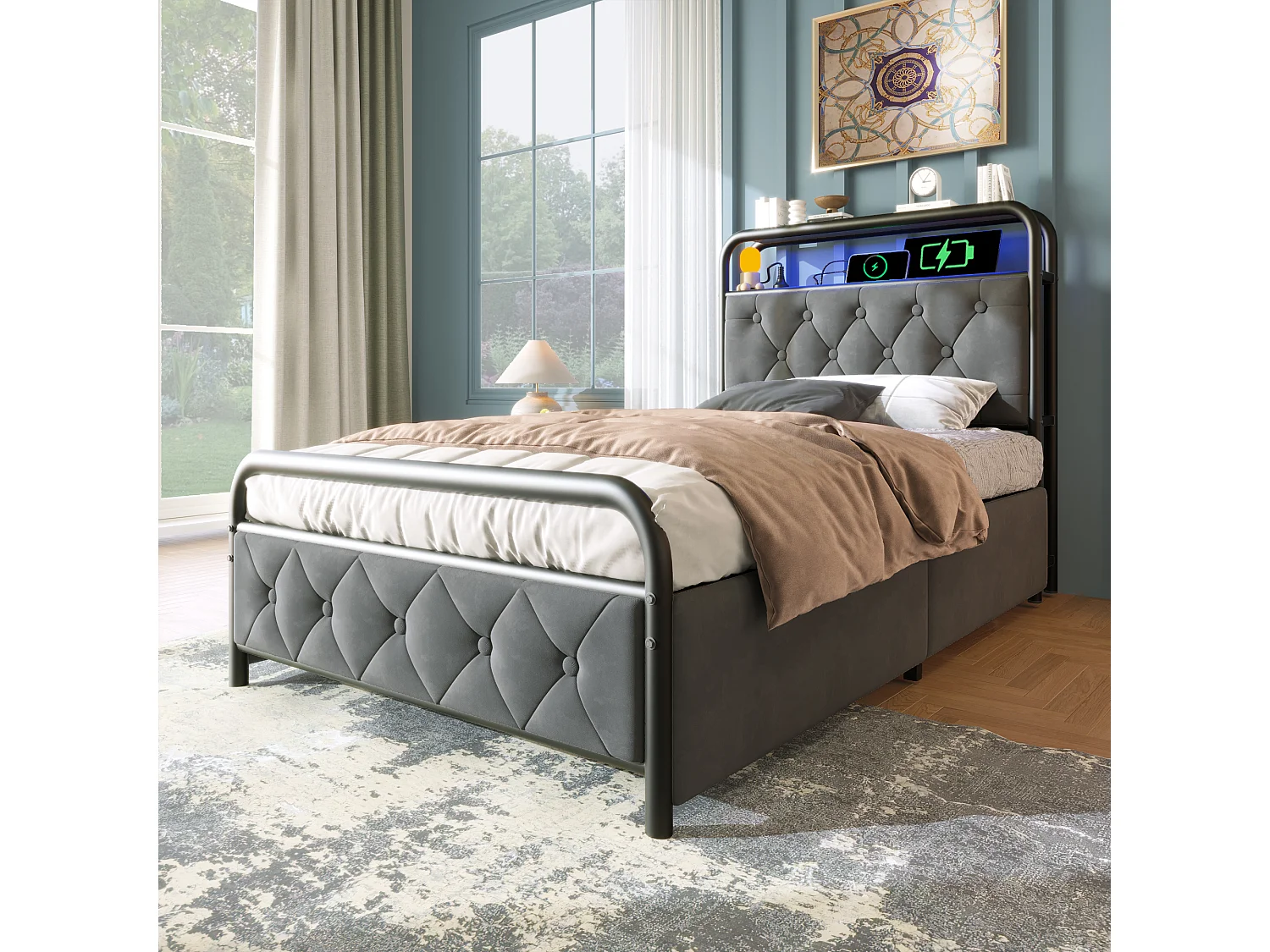 Lit enfant 90x200 cm avec 2 tiroirs, structure en métal avec USB Type-C et LED, tissu en velours gris, sans matelas