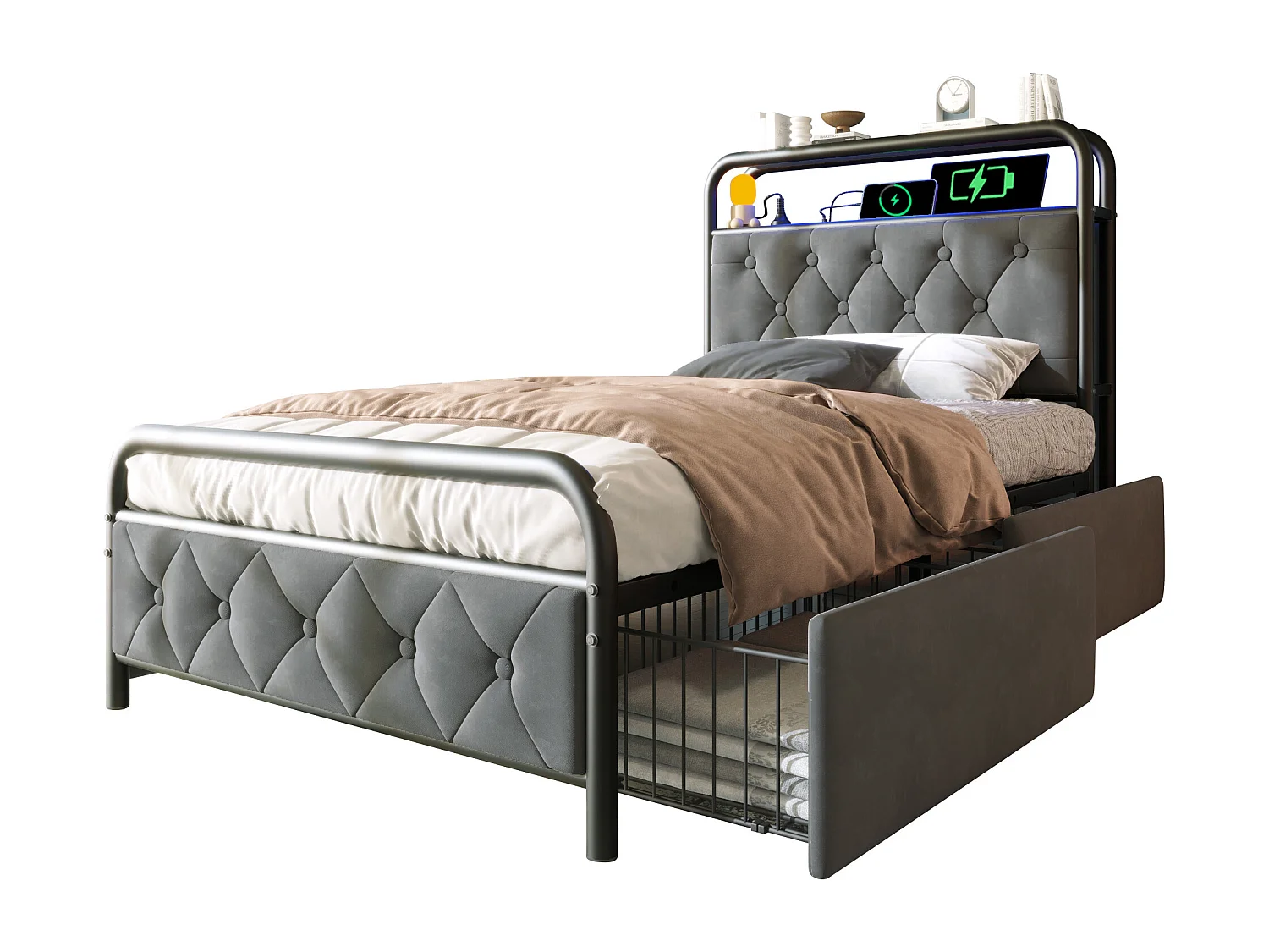 Lit enfant 90x200 cm avec 2 tiroirs, structure en métal avec USB Type-C et LED, tissu en velours gris, sans matelas