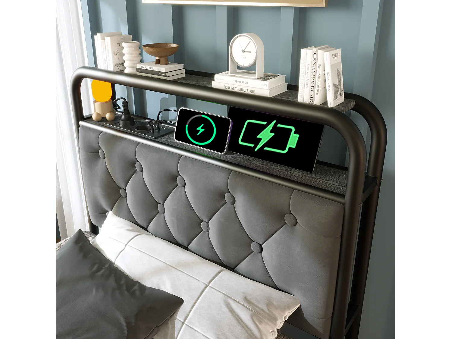 Lit enfant 90x200 cm avec 2 tiroirs, structure en métal avec USB Type-C et LED, tissu en velours gris, sans matelas