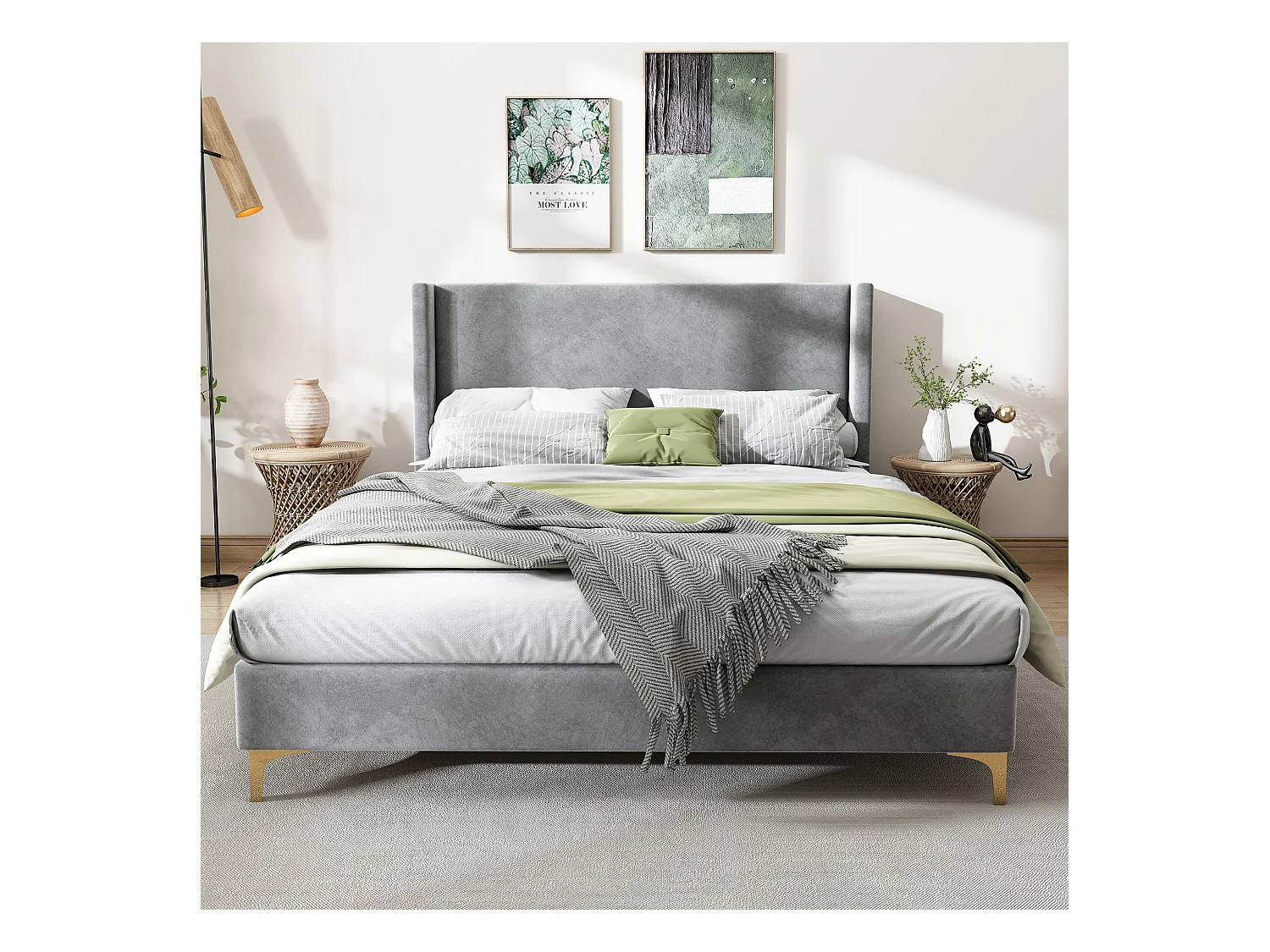 Lit adulte 140x200 cm avec sommier - Tête de lit haute - Velours gris(sans matelas)