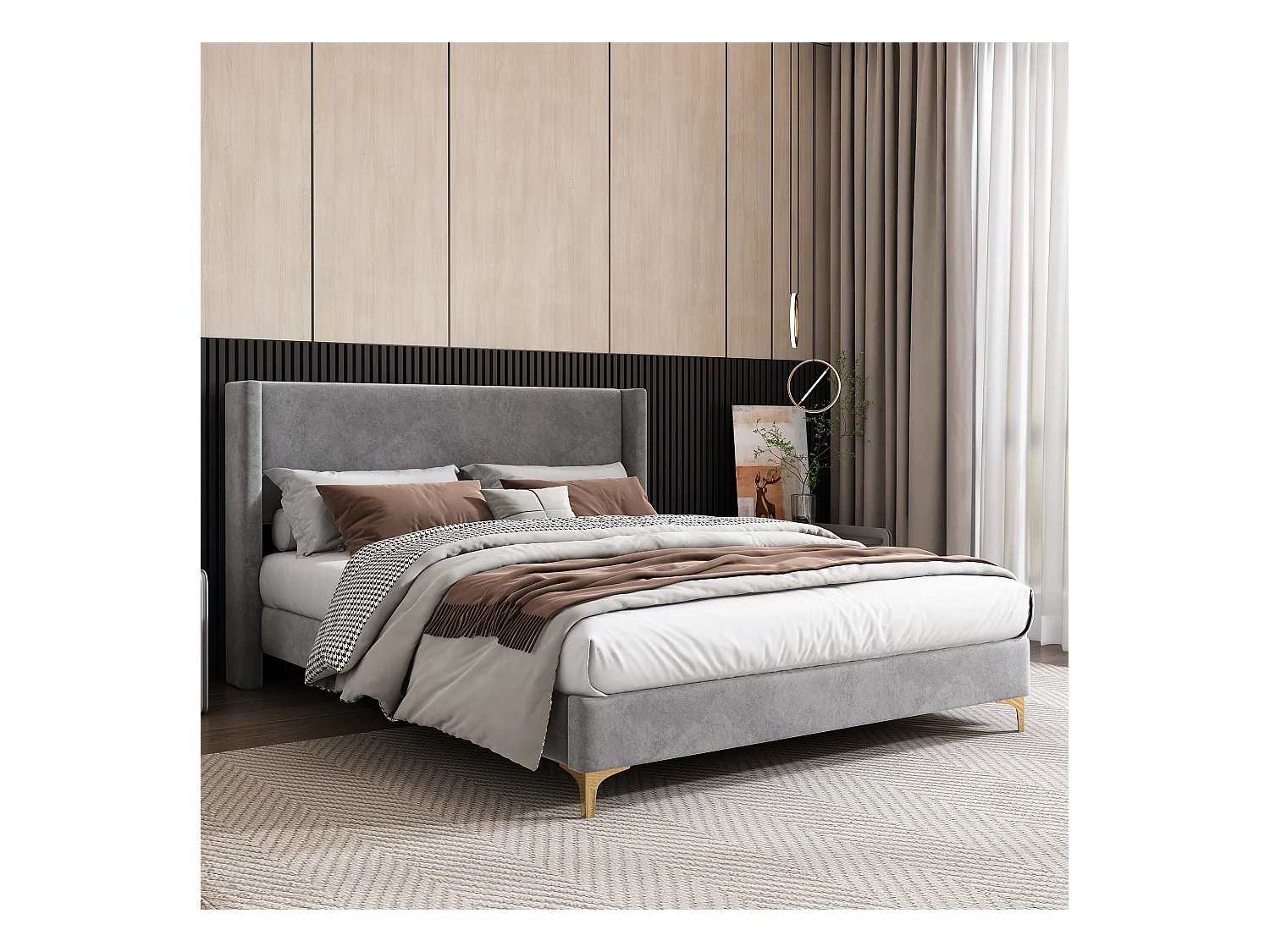 Lit adulte 140x200 cm avec sommier - Tête de lit haute - Velours gris(sans matelas)