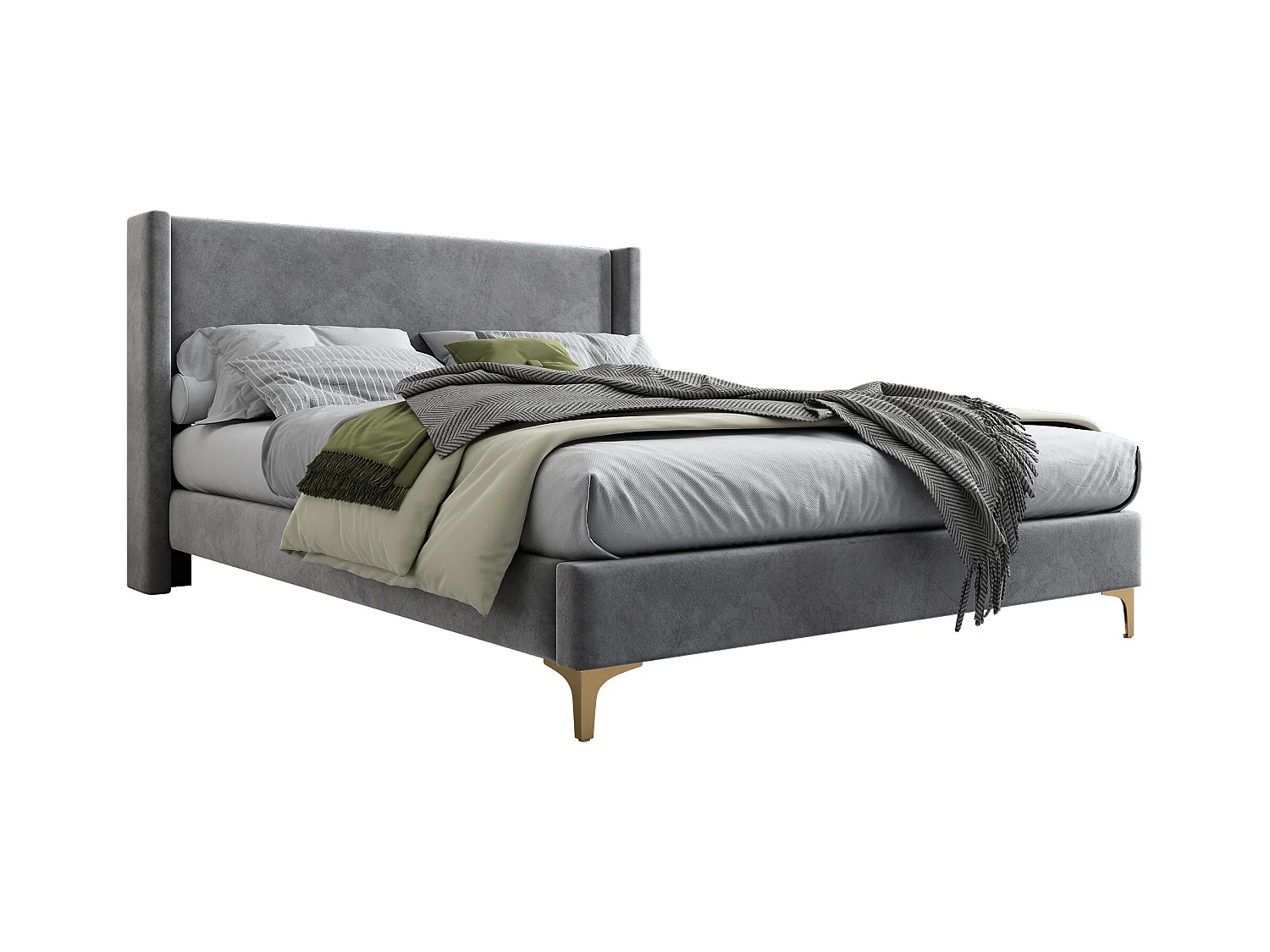 Lit adulte 140x200 cm avec sommier - Tête de lit haute - Velours gris(sans matelas)